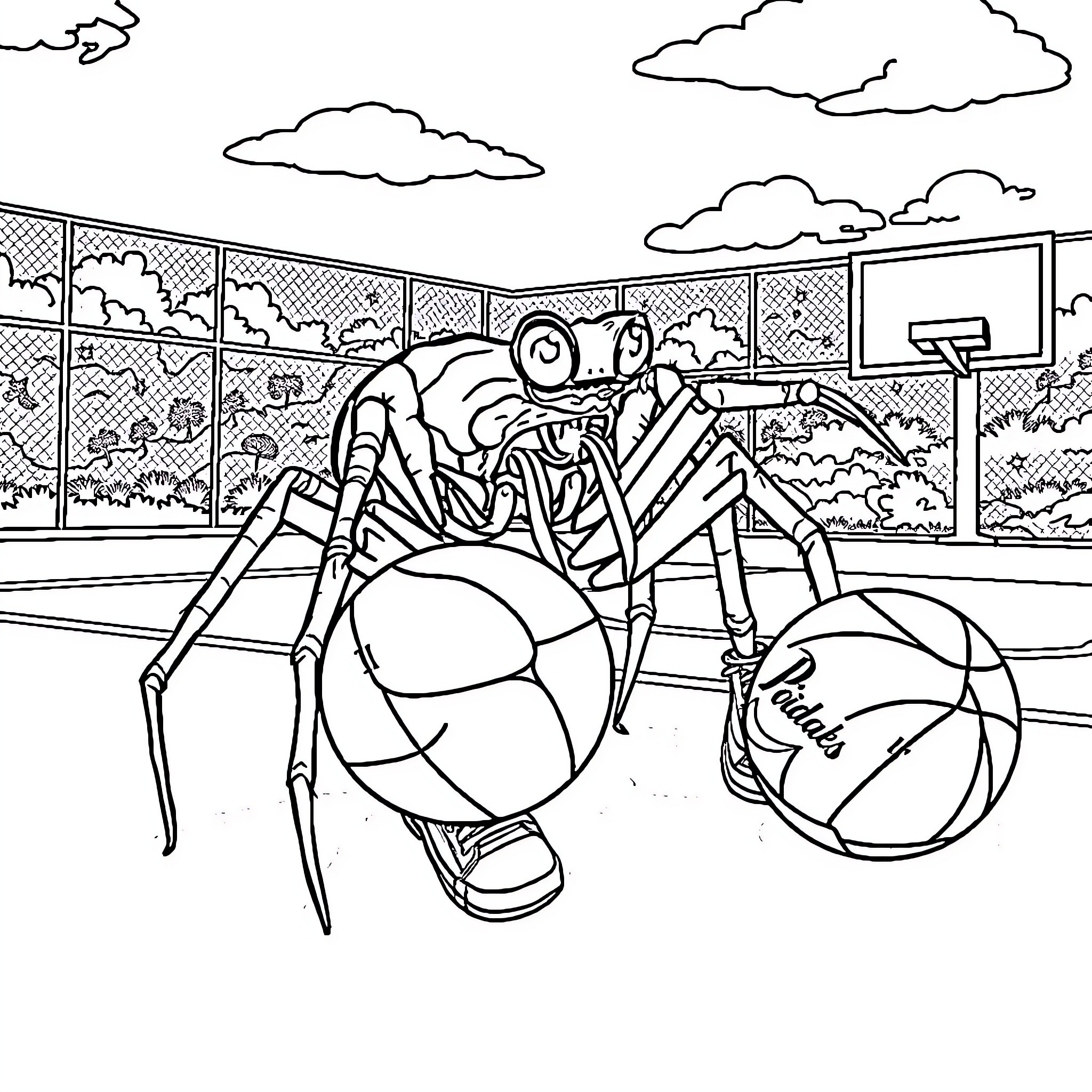 Spider playing basketball in the playground Coloring Page (free black-and-white line drawing printable PDF for all, from beginners to advanced learners, including children, teens, adults, and seniors)