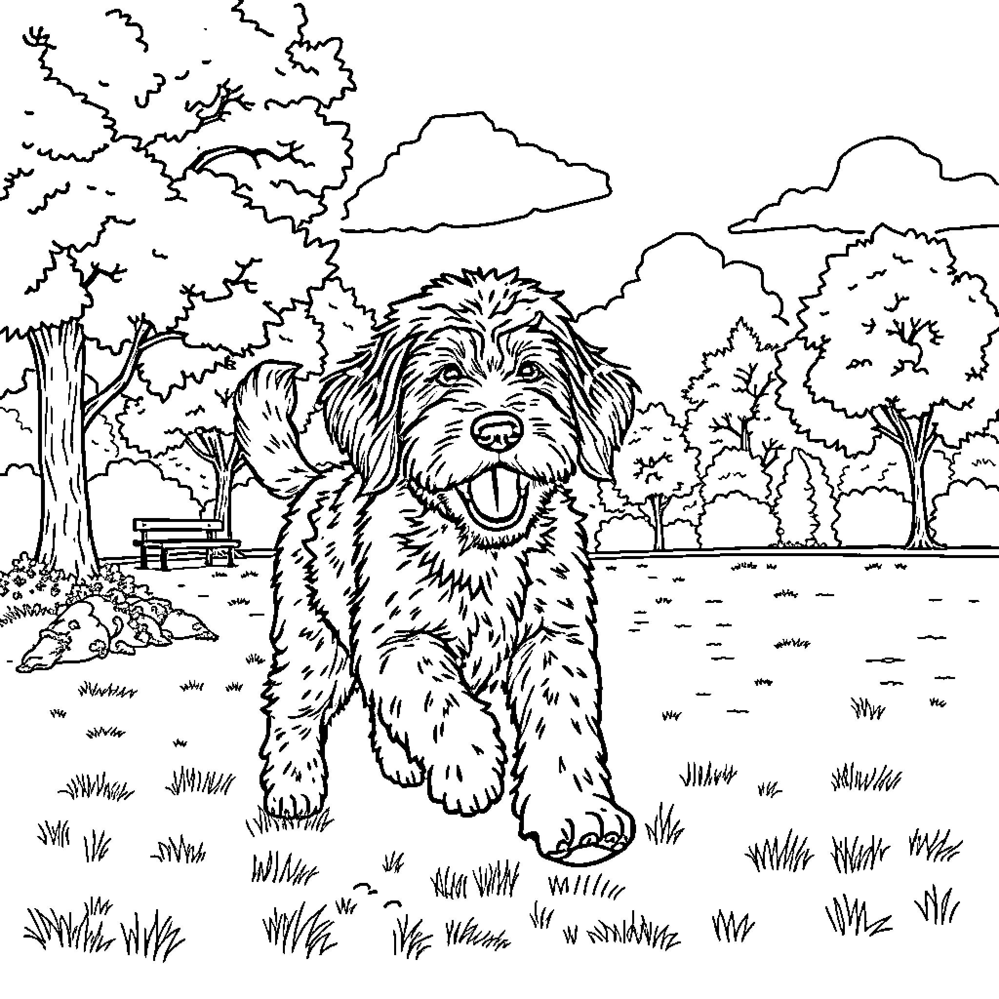 Labradoodle frolicking happily in a scenic park Coloring Page (free black-and-white line drawing printable PDF for all, from beginners to advanced learners, including children, teens, adults, and seniors)