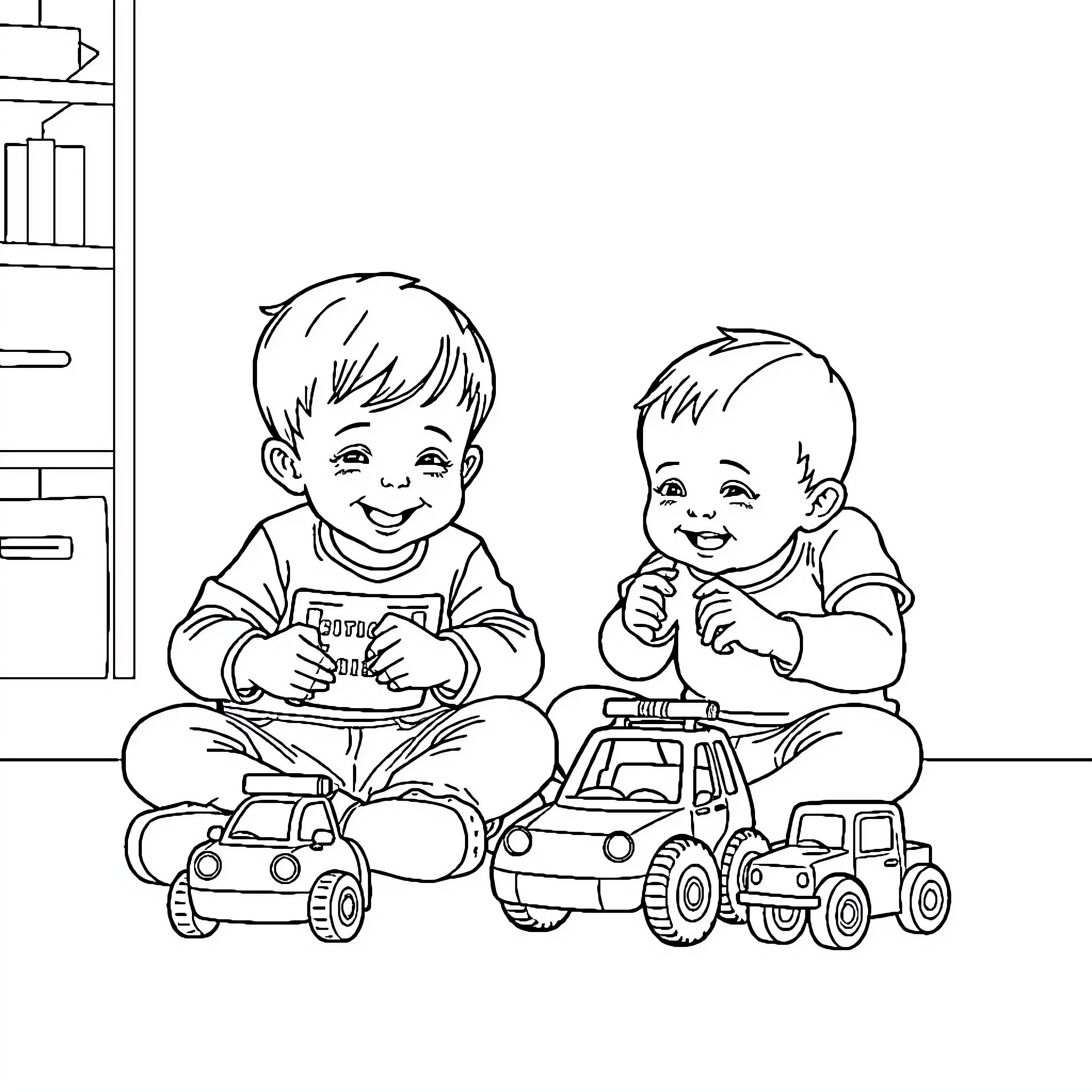 Car toys brought joy to the children Coloring Page (free black-and-white line drawing printable PDF for all, from beginners to advanced learners, including children, teens, adults, and seniors)