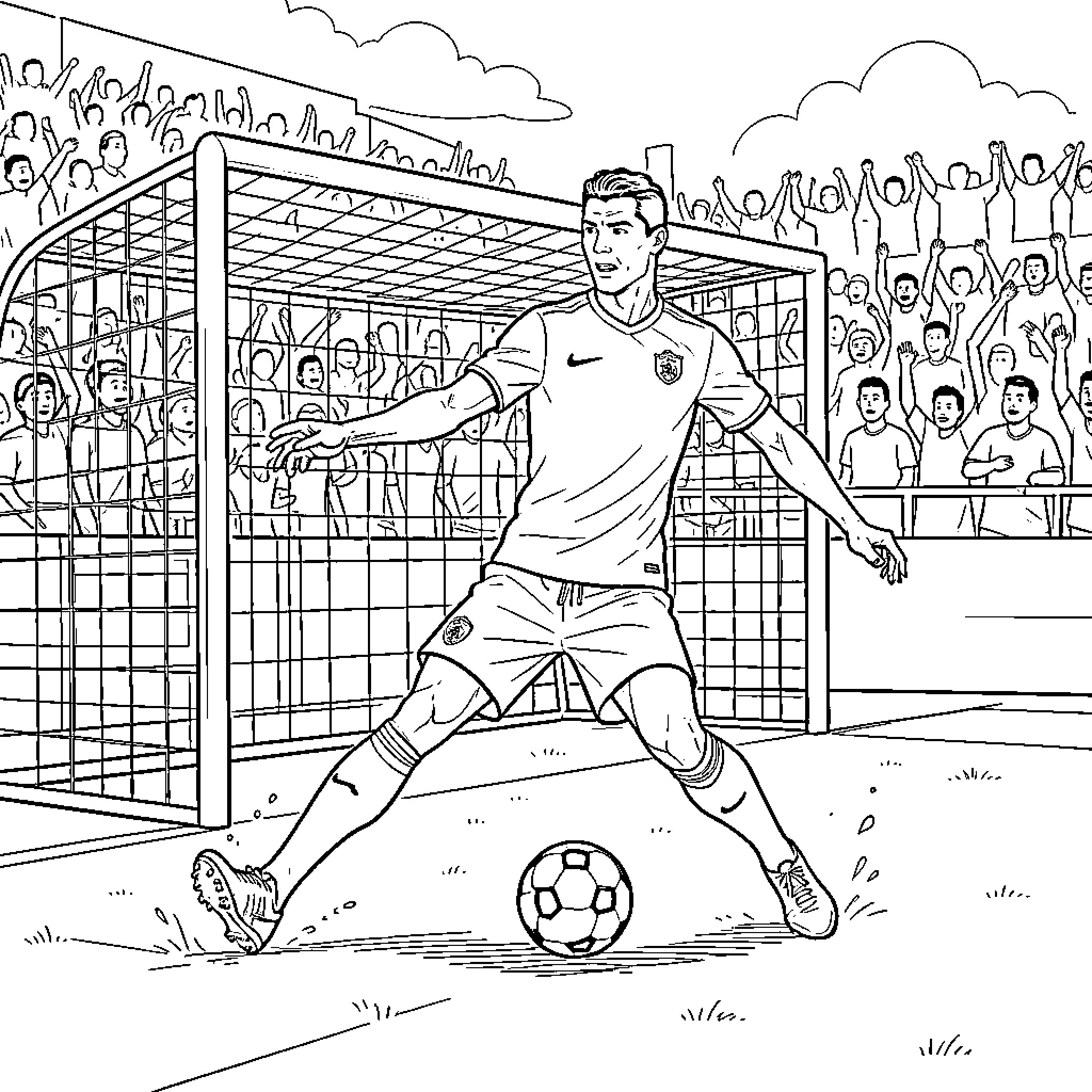 Ronaldo dribbling a soccer ball near the goal Coloring Page (free black-and-white line drawing printable PDF for all, from beginners to advanced learners, including children, teens, adults, and seniors)
