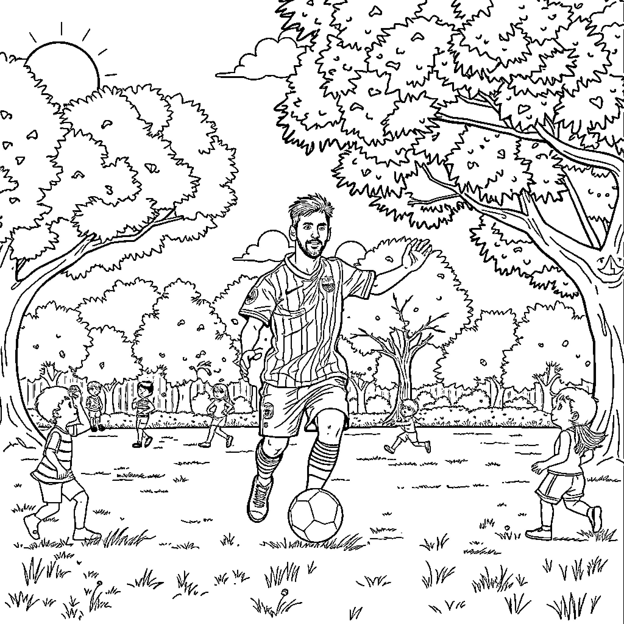 Messi playing soccer in a park Coloring Page (free black-and-white line drawing printable PDF for all, from beginners to advanced learners, including children, teens, adults, and seniors)