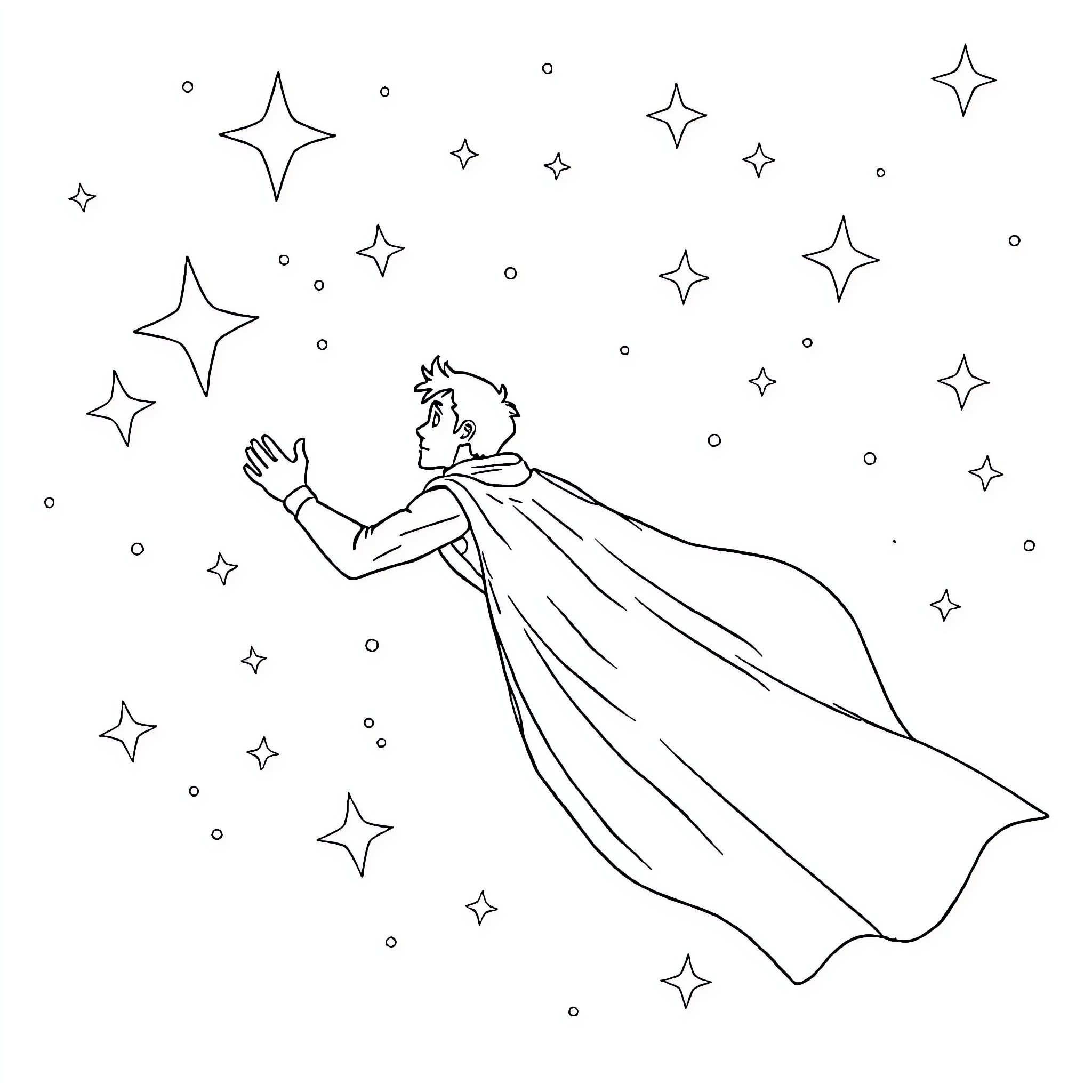 Hero Soaring Among Twinkling Stars Coloring Page (free black-and-white line drawing printable PDF for all, from beginners to advanced learners, including children, teens, adults, and seniors)