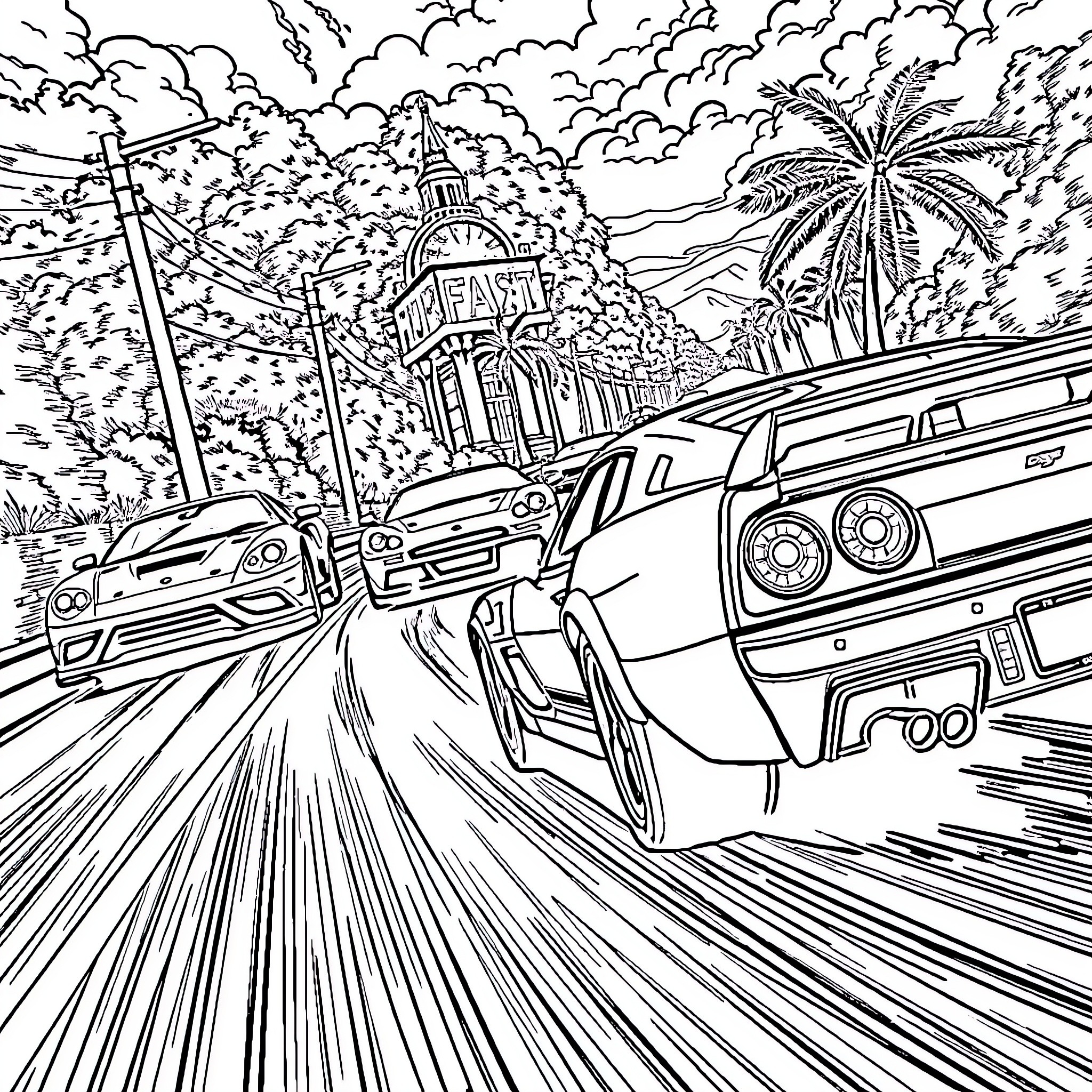 Car Race on City Street with Palm Trees Coloring Page (free black-and-white line drawing printable PDF for all, from beginners to advanced learners, including children, teens, adults, and seniors)