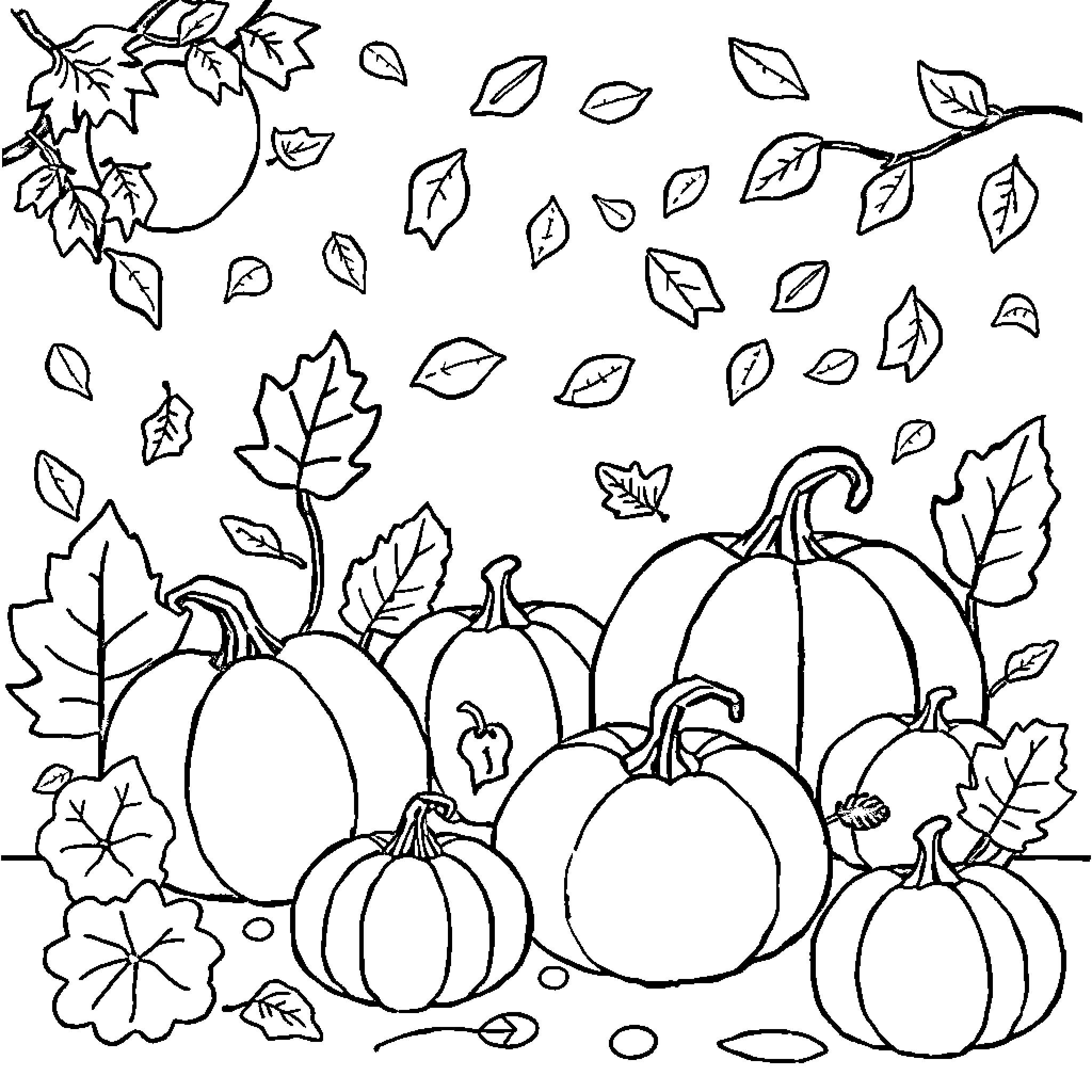 Autumn Pumpkin Patch with Falling Leaves Coloring Page (free black-and-white line drawing printable PDF for all, from beginners to advanced learners, including children, teens, adults, and seniors)
