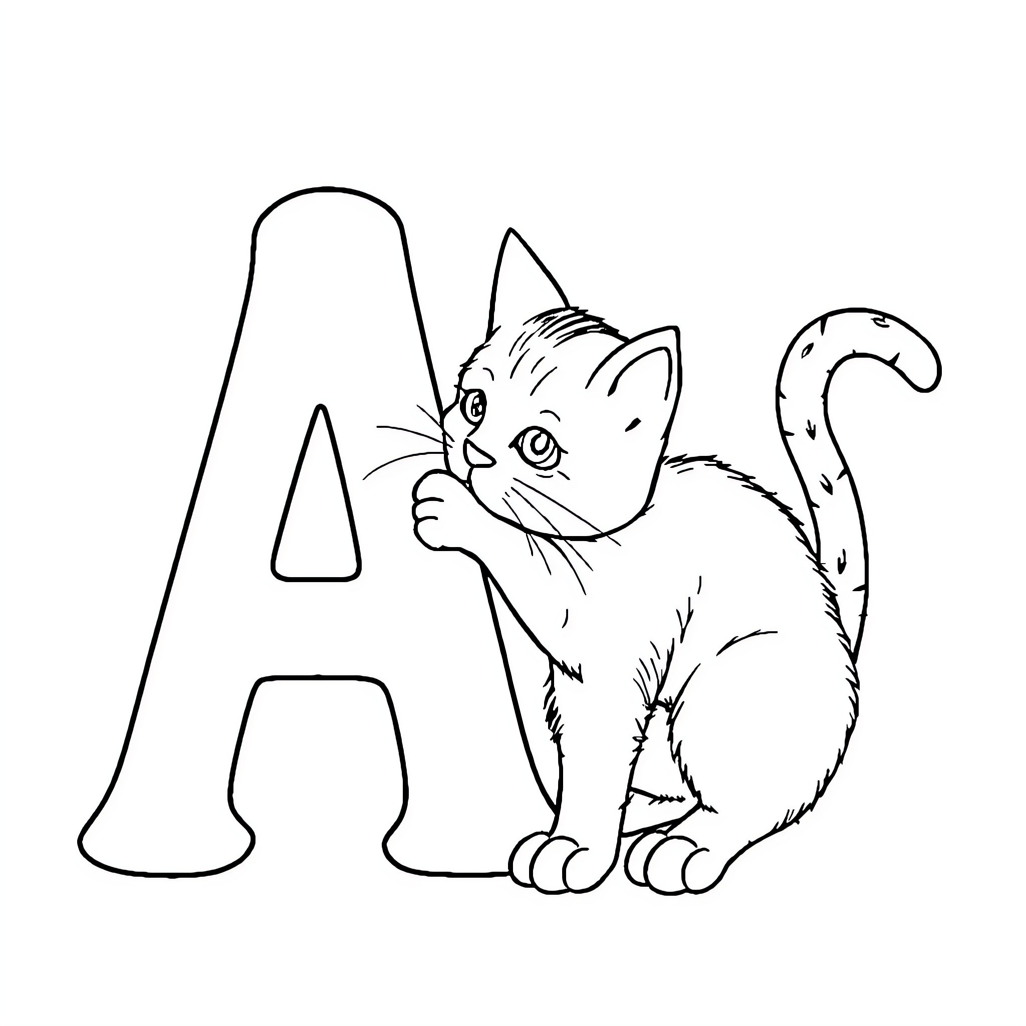 Cat Exploring Alphabet Letter A Coloring Page (free black-and-white line drawing printable PDF for all, from beginners to advanced learners, including children, teens, adults, and seniors)