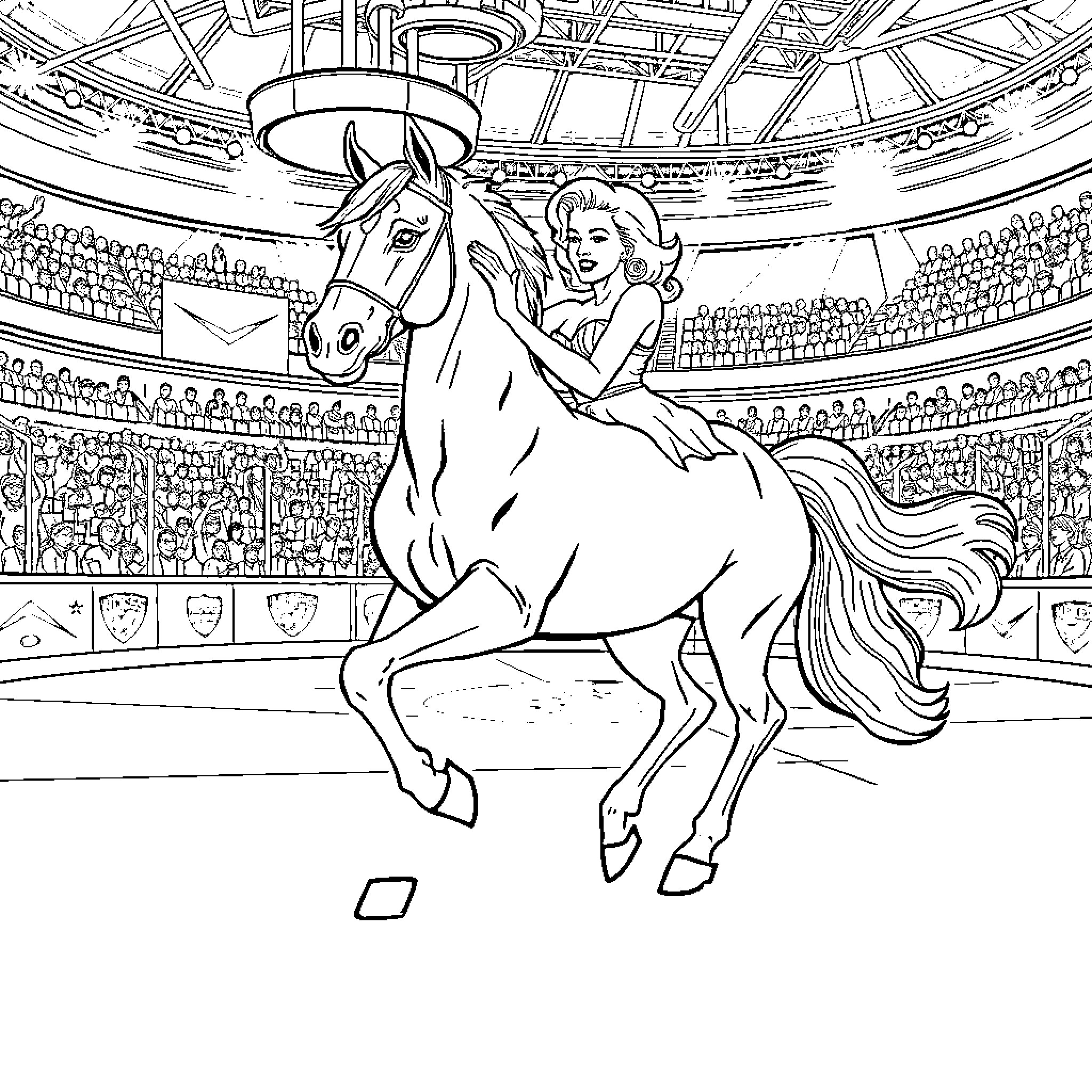 Horse rider performing in a circus arena Coloring Page (free black-and-white line drawing printable PDF for all, from beginners to advanced learners, including children, teens, adults, and seniors)