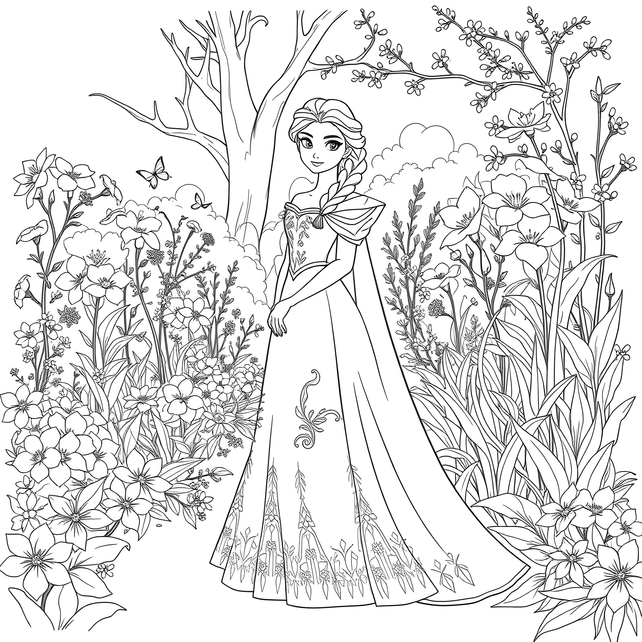Anna in a floral garden with butterflies Coloring Page (free black-and-white line drawing printable PDF for all, from beginners to advanced learners, including children, teens, adults, and seniors)
