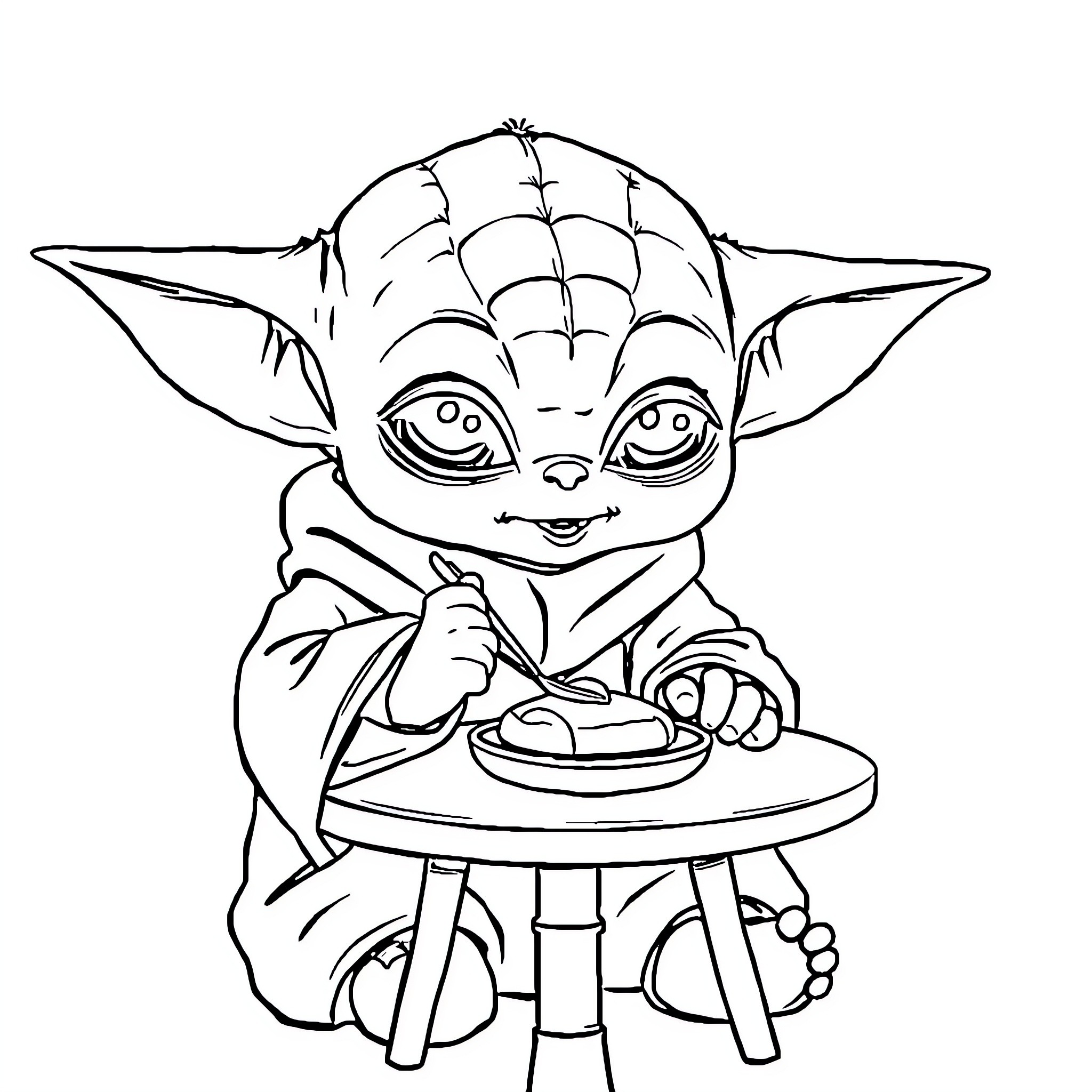 Baby Yoda enjoying a tasty treat Coloring Page (free black-and-white line drawing printable PDF for all, from beginners to advanced learners, including children, teens, adults, and seniors)