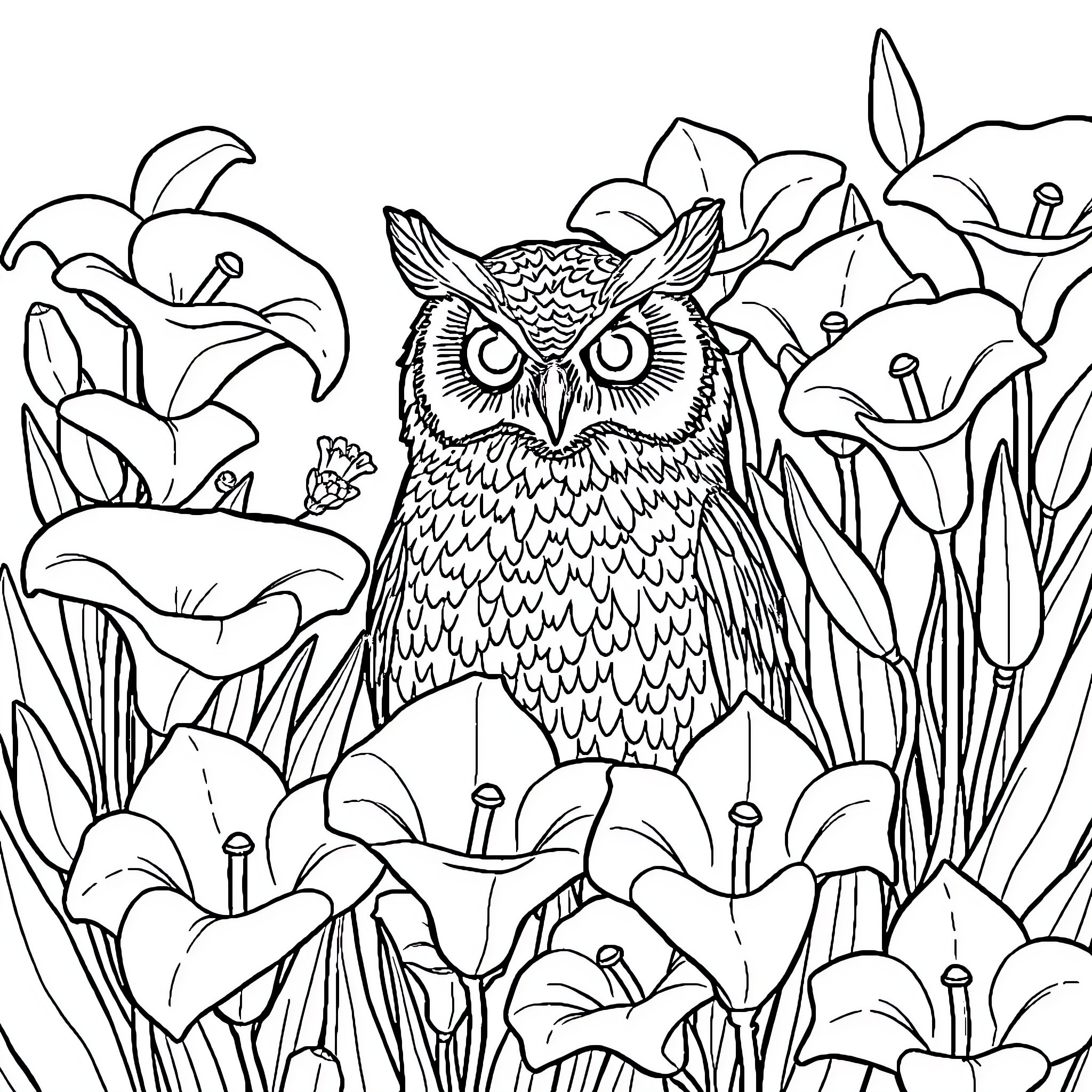 Owl peeking through a magical forest Coloring Page (free black-and-white line drawing printable PDF for all, from beginners to advanced learners, including children, teens, adults, and seniors)