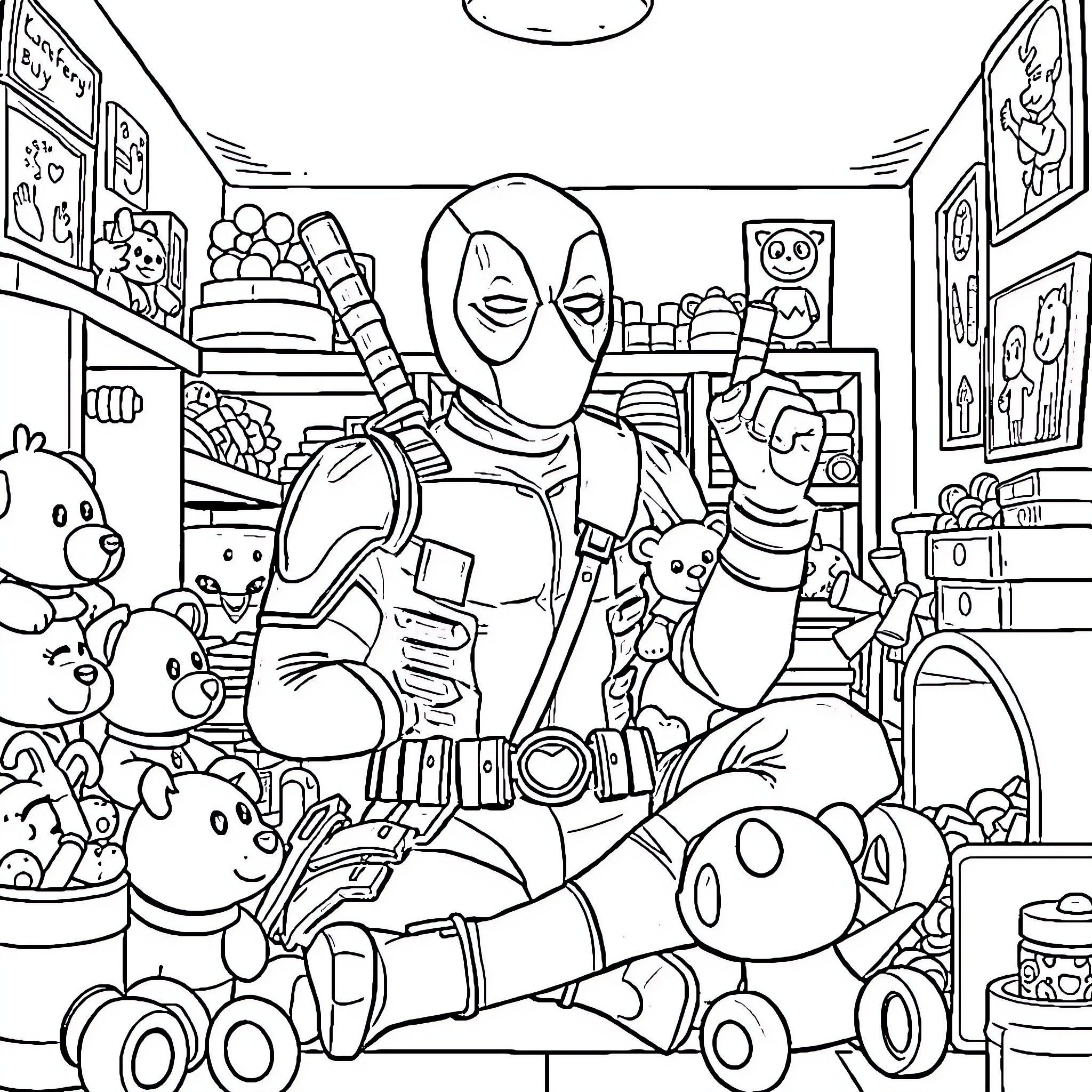 Deadpool's Chaotic Collection of Toys and Collectibles Coloring Page (free black-and-white line drawing printable PDF for all, from beginners to advanced learners, including children, teens, adults, and seniors)