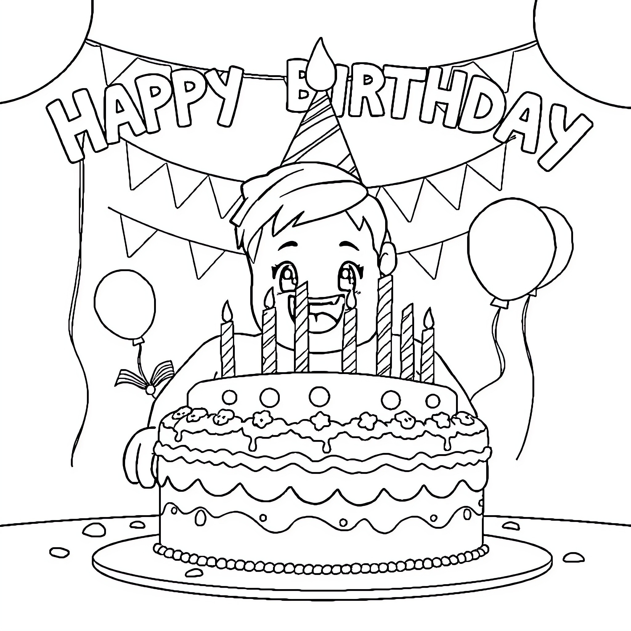 Roblox Character Celebrating Birthday with Cake and Decorations Coloring Page (free black-and-white line drawing printable PDF for all, from beginners to advanced learners, including children, teens, adults, and seniors)