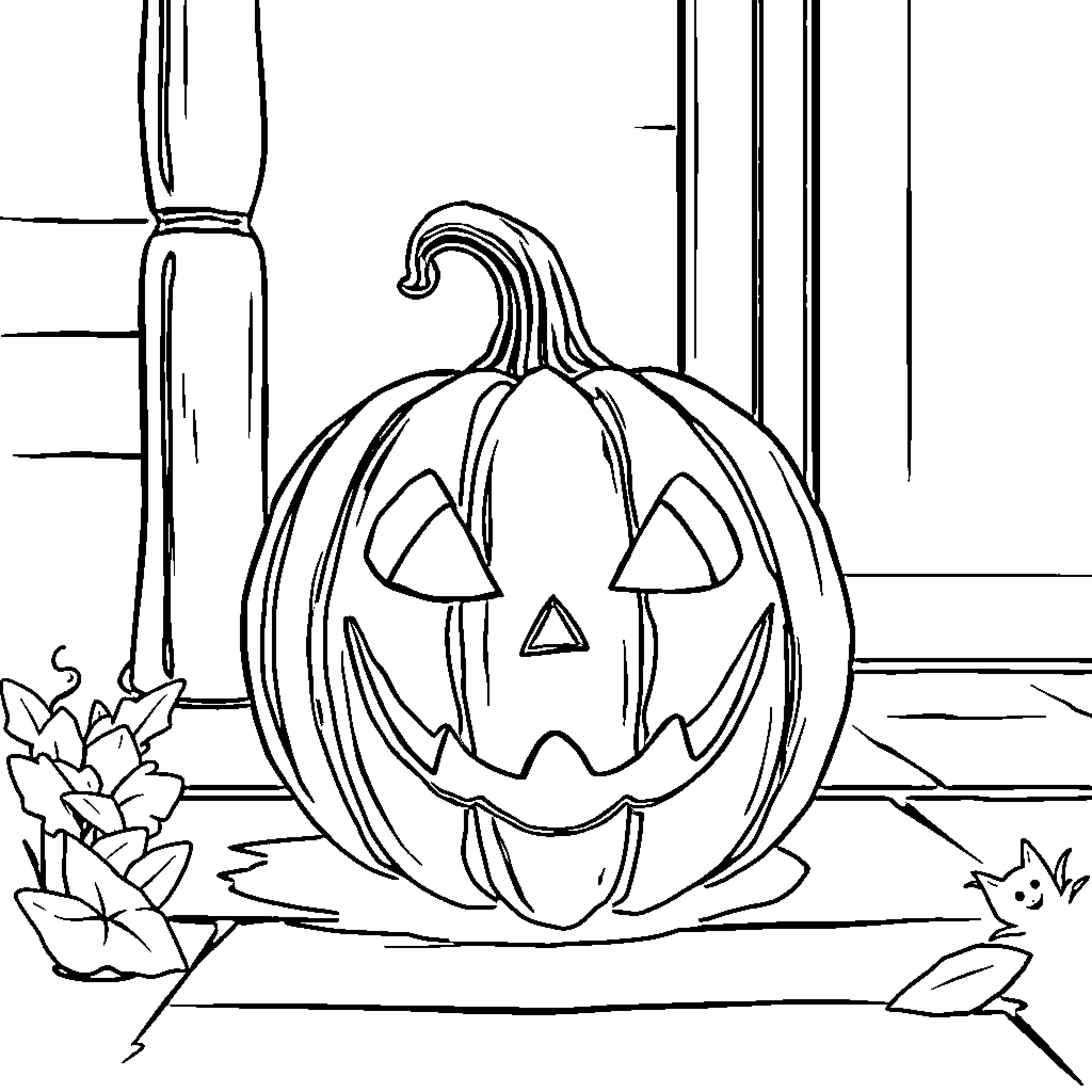 Pumpkin with a spooky face in a window Coloring Page (free black-and-white line drawing printable PDF for all, from beginners to advanced learners, including children, teens, adults, and seniors)