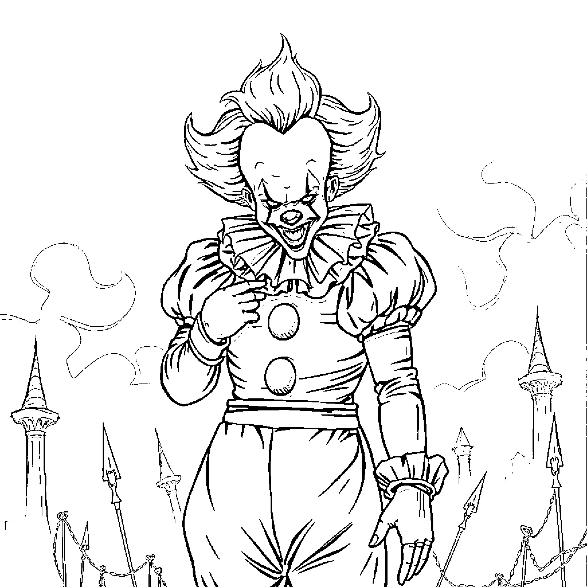 Pennywise the Dancing Clown in Spooky Surroundings Coloring Page (free black-and-white line drawing printable PDF for all, from beginners to advanced learners, including children, teens, adults, and seniors)