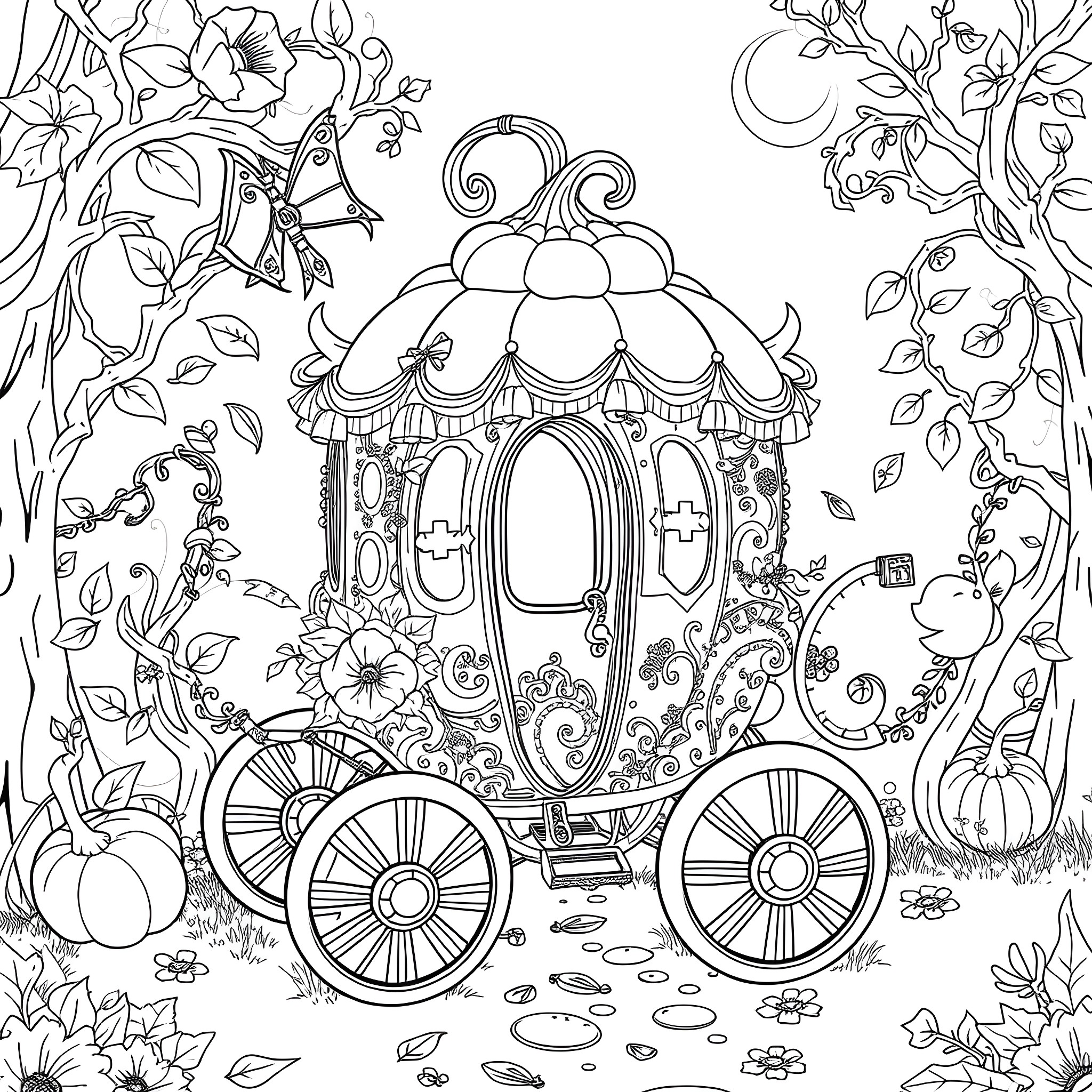 Cinderella's fairy tale carriage in the enchanted forest Coloring Page (free black-and-white line drawing printable PDF for all, from beginners to advanced learners, including children, teens, adults, and seniors)