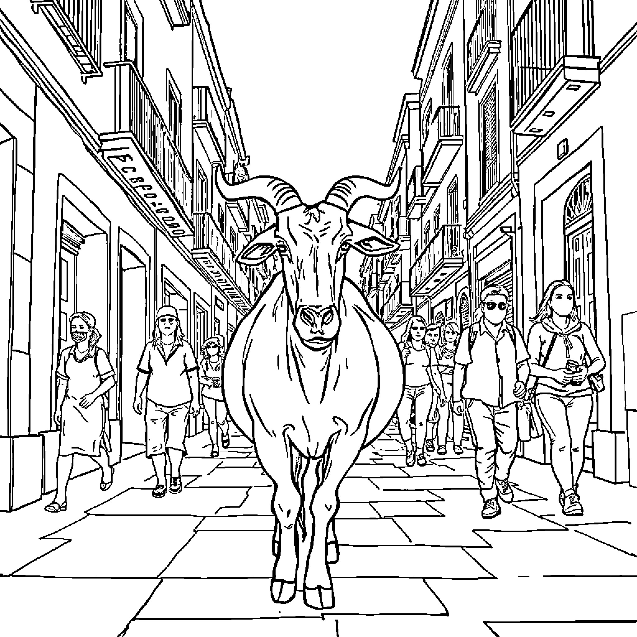 Goat wandering through a bustling city street Coloring Page (free black-and-white line drawing printable PDF for all, from beginners to advanced learners, including children, teens, adults, and seniors)