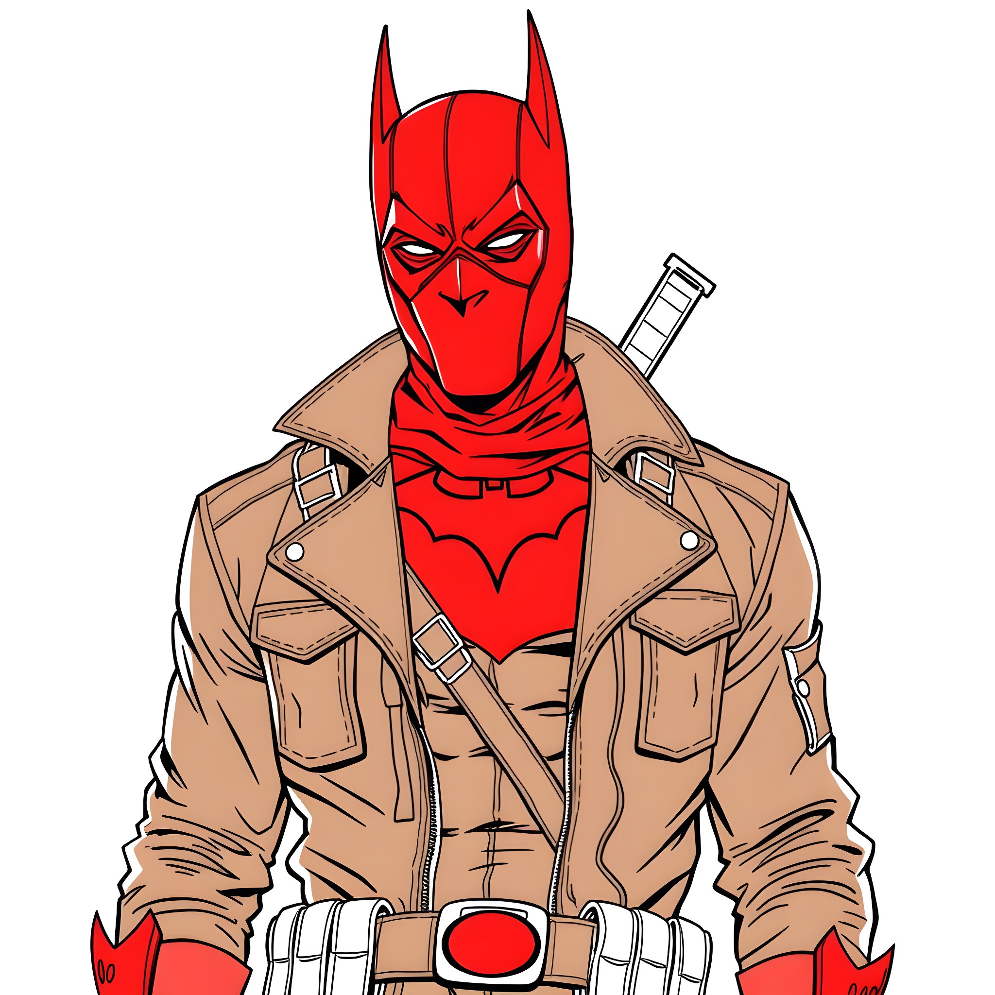 Red Hood's Striking Vigilante Attire Coloring Page (free black-and-white line drawing printable PDF for all, from beginners to advanced learners, including children, teens, adults, and seniors)