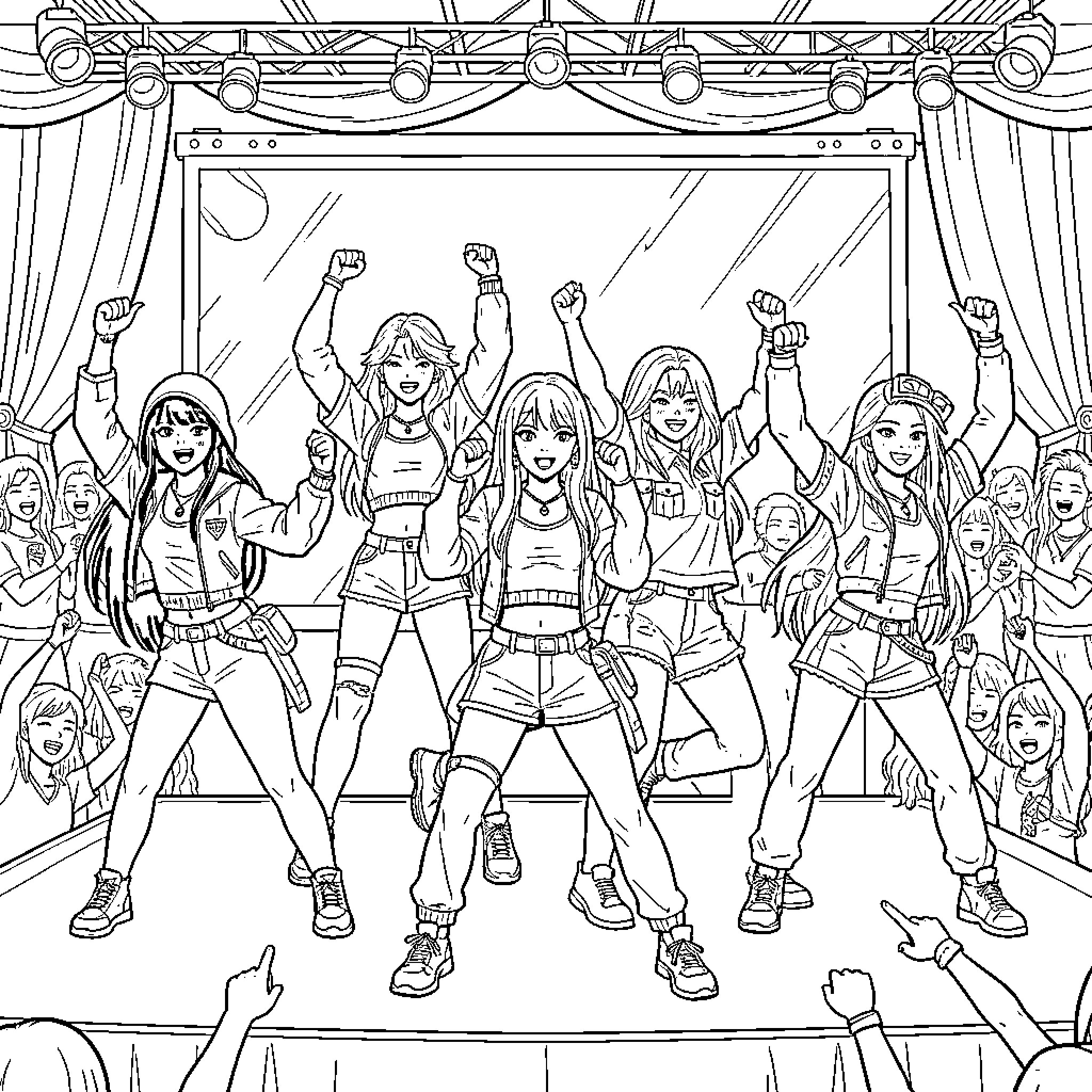 K Pop Group Performing on Stage with Energy and Enthusiasm Coloring Page (free black-and-white line drawing printable PDF for all, from beginners to advanced learners, including children, teens, adults, and seniors)