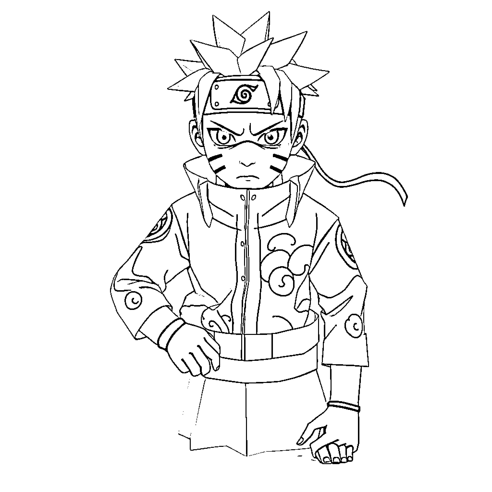 Naruto in a Determined Ninja Pose Coloring Page (free black-and-white line drawing printable PDF for all, from beginners to advanced learners, including children, teens, adults, and seniors)