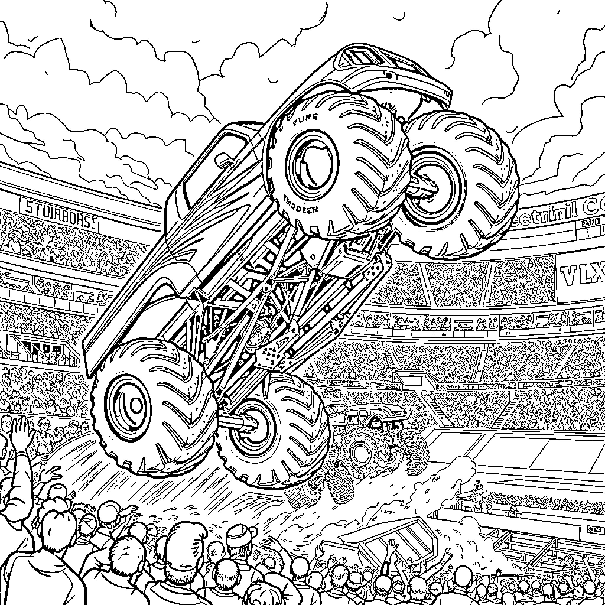 Monster Truck Racing through Packed Stadium Coloring Page (free black-and-white line drawing printable PDF for all, from beginners to advanced learners, including children, teens, adults, and seniors)