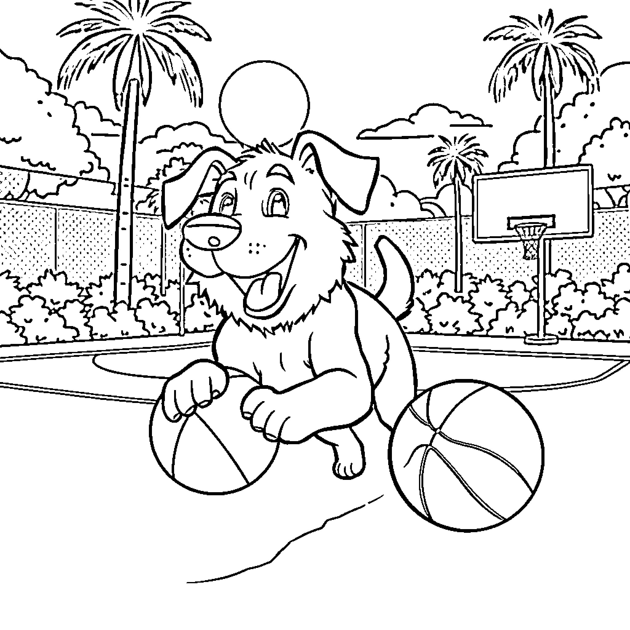 Dog playing joyfully with basketball in a park Coloring Page (free black-and-white line drawing printable PDF for all, from beginners to advanced learners, including children, teens, adults, and seniors)