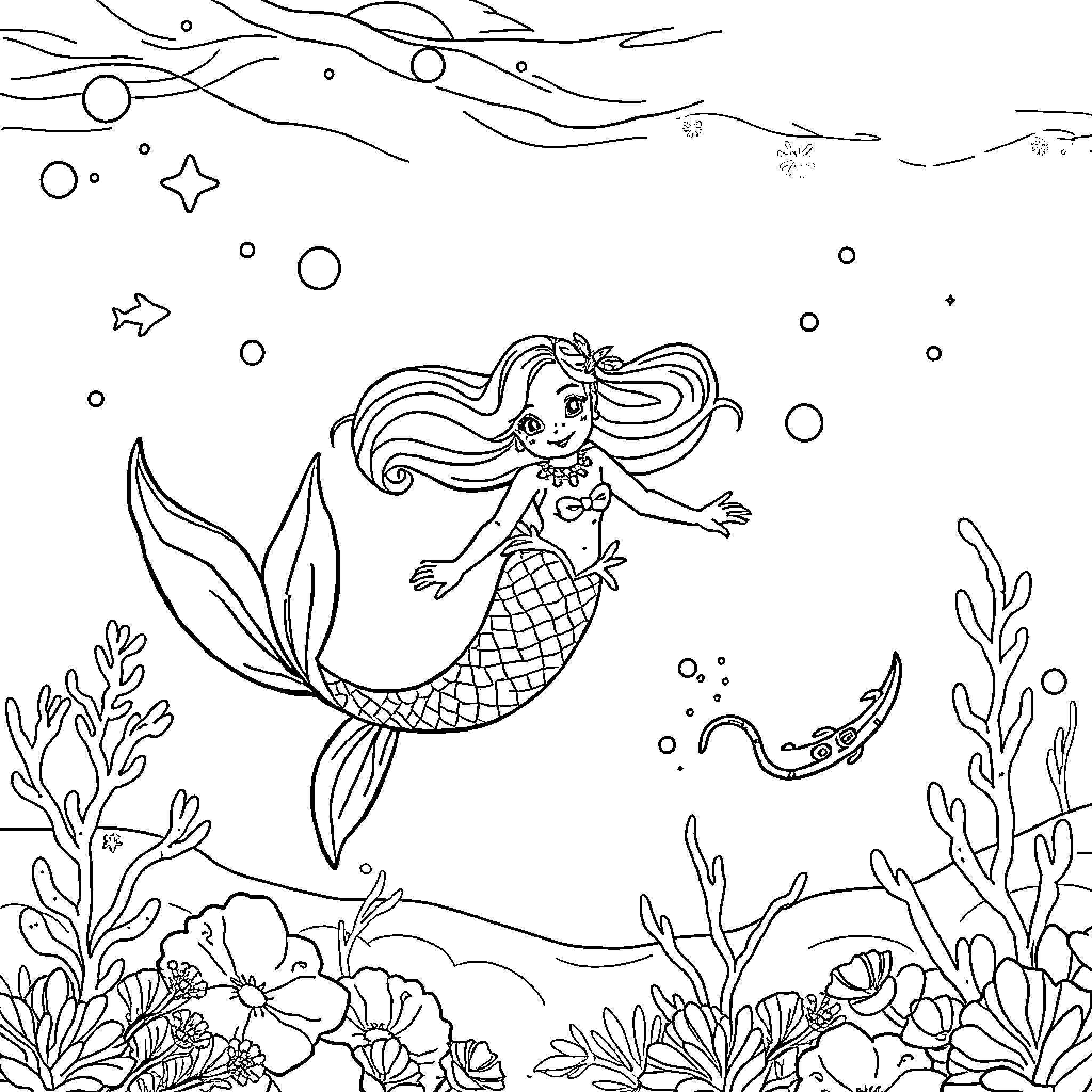 Ariel exploring the underwater world Coloring Page (free black-and-white line drawing printable PDF for all, from beginners to advanced learners, including children, teens, adults, and seniors)