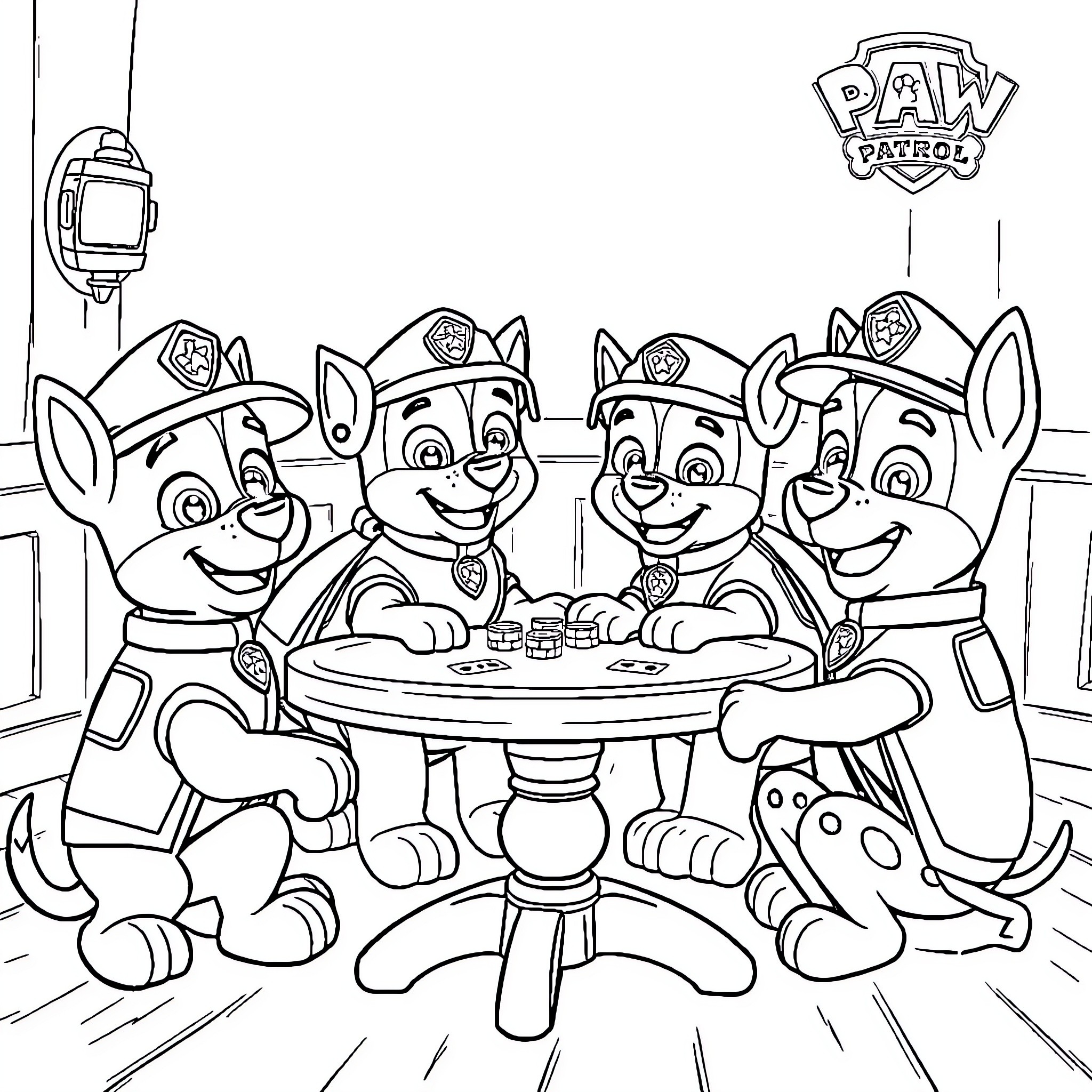 Dog Patrol Pups Having Fun at the Table Coloring Page (free black-and-white line drawing printable PDF for all, from beginners to advanced learners, including children, teens, adults, and seniors)