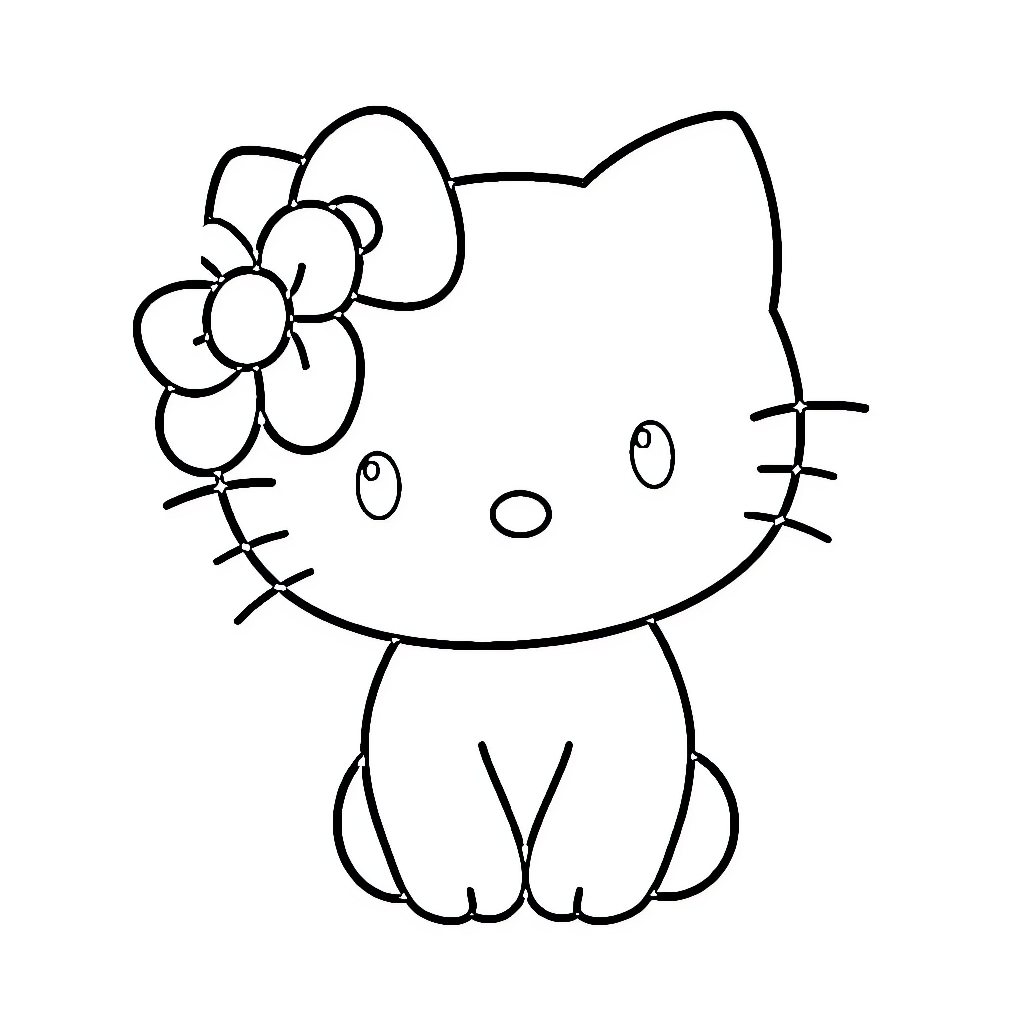 Hello Kitty with a Flower Coloring Page (free black-and-white line drawing printable PDF for all, from beginners to advanced learners, including children, teens, adults, and seniors)