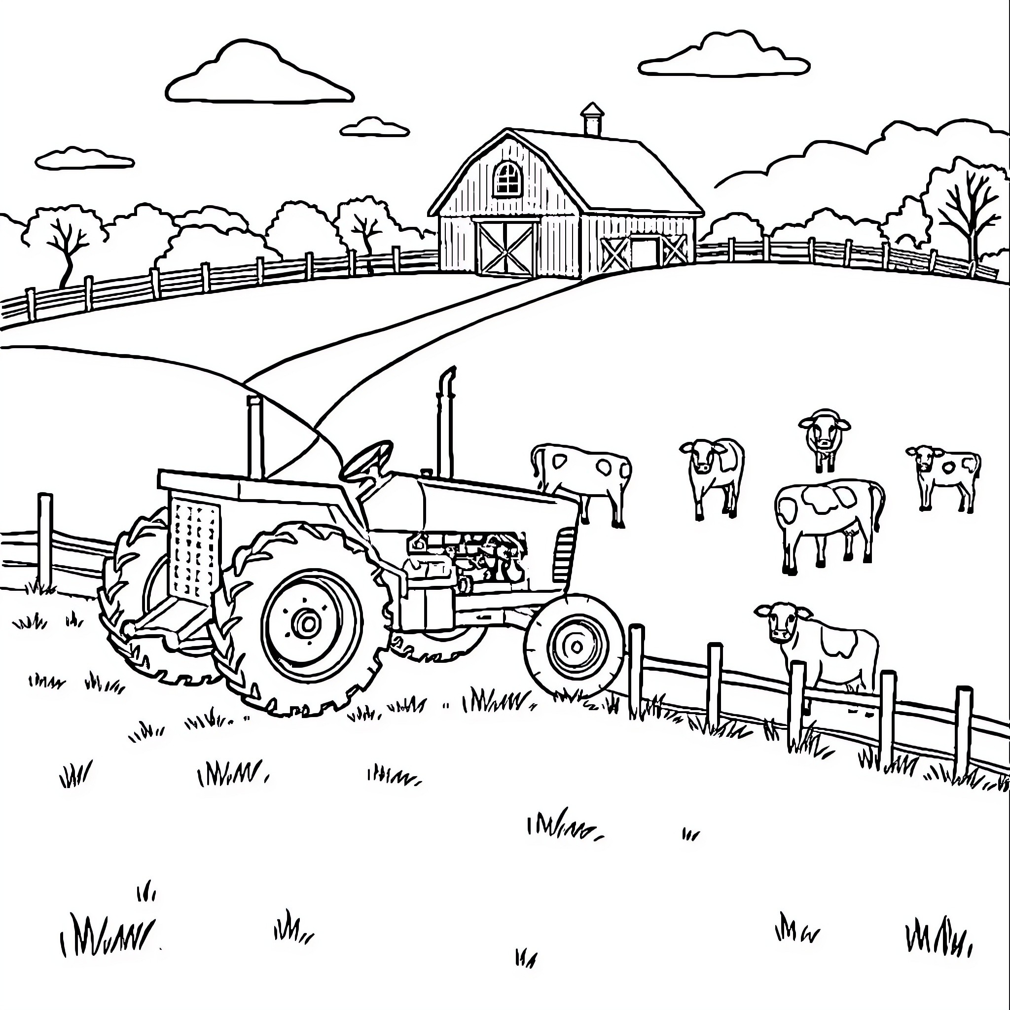Farm Tractor Plowing Field with Barnyard Animals Coloring Page (free black-and-white line drawing printable PDF for all, from beginners to advanced learners, including children, teens, adults, and seniors)