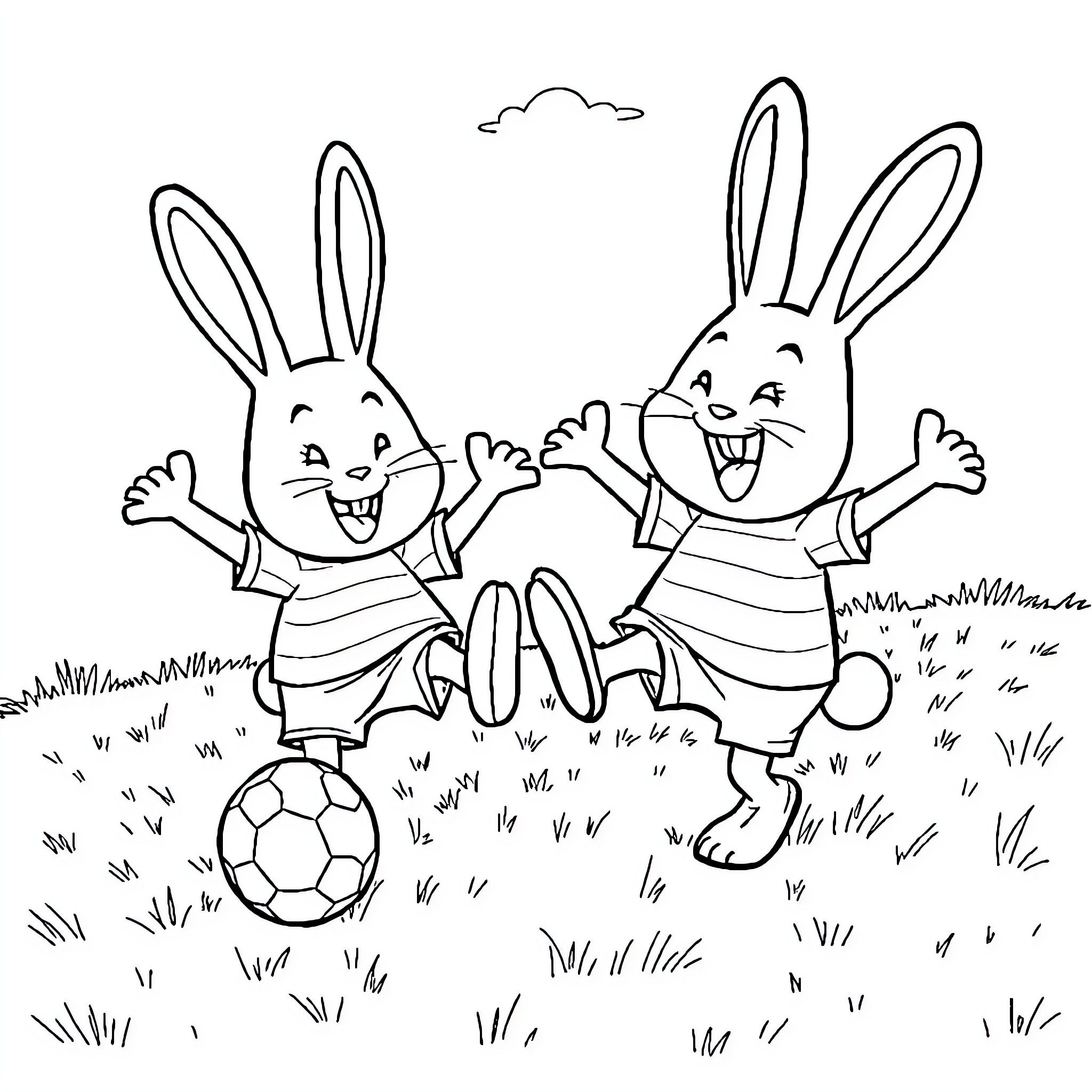 Rabbid friends playing with soccer ball happily Coloring Page (free black-and-white line drawing printable PDF for all, from beginners to advanced learners, including children, teens, adults, and seniors)