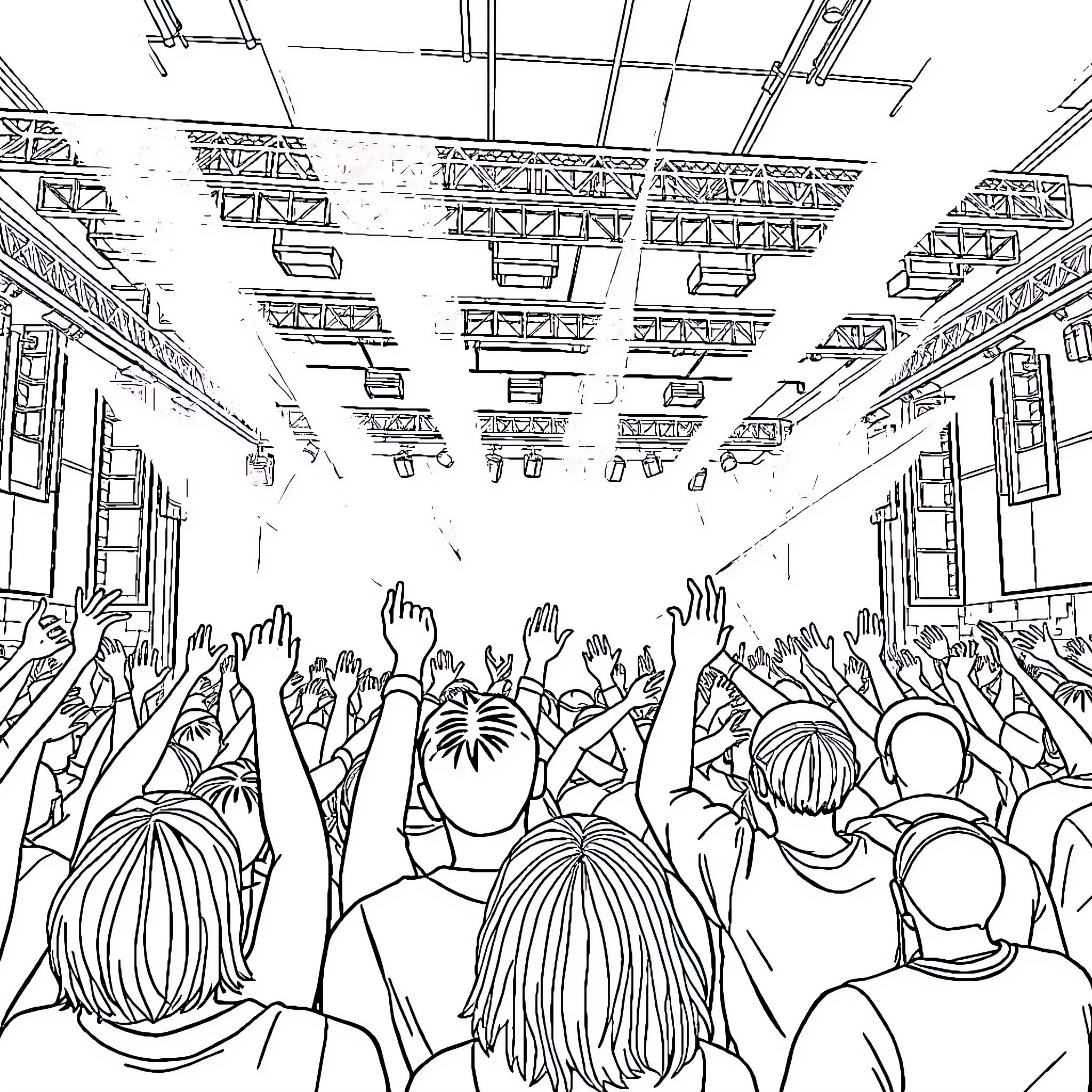 Kpop Fans Cheering Excitedly at a Concert Coloring Page (free black-and-white line drawing printable PDF for all, from beginners to advanced learners, including children, teens, adults, and seniors)