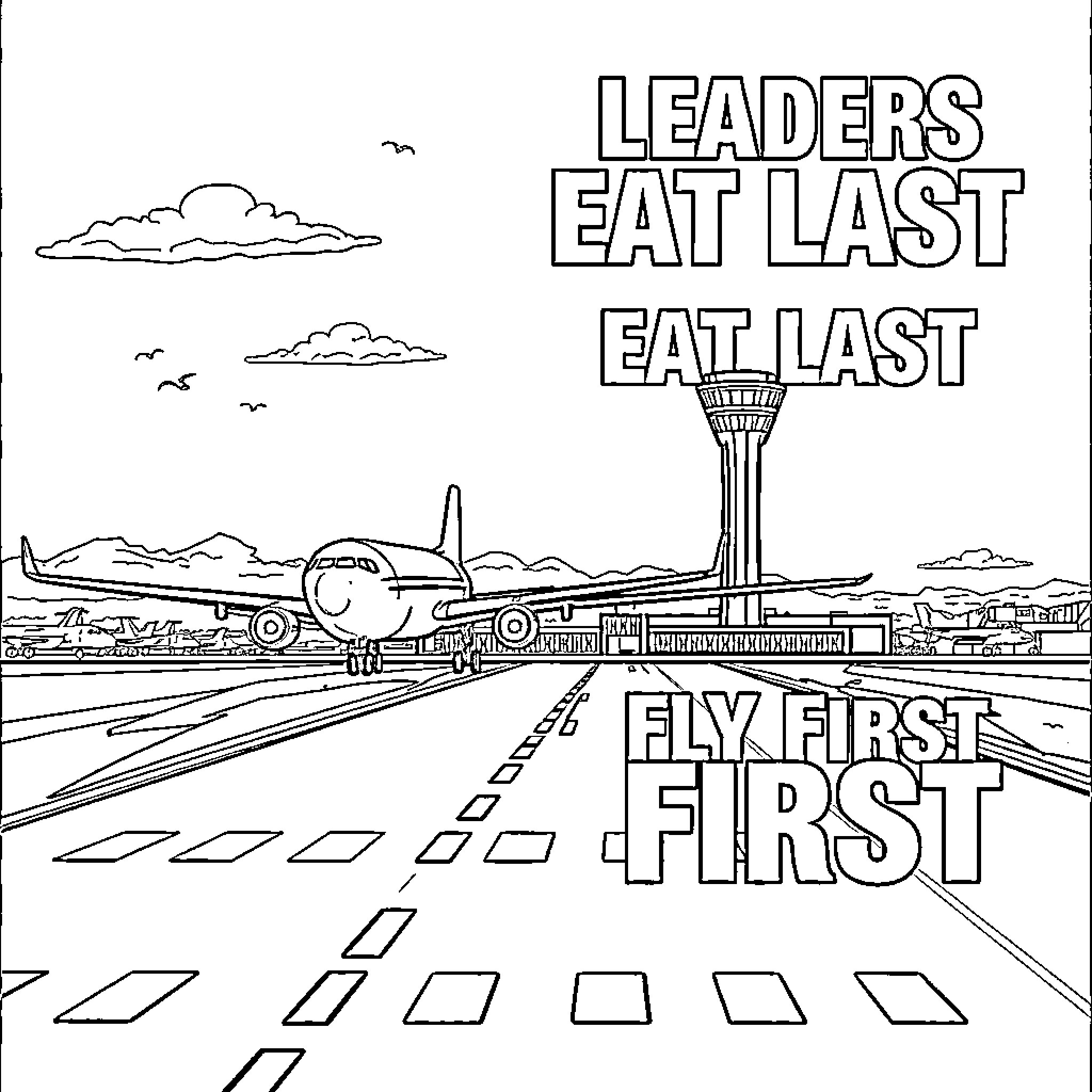 Plane taking off from airport runway with text Coloring Page (free black-and-white line drawing printable PDF for all, from beginners to advanced learners, including children, teens, adults, and seniors)