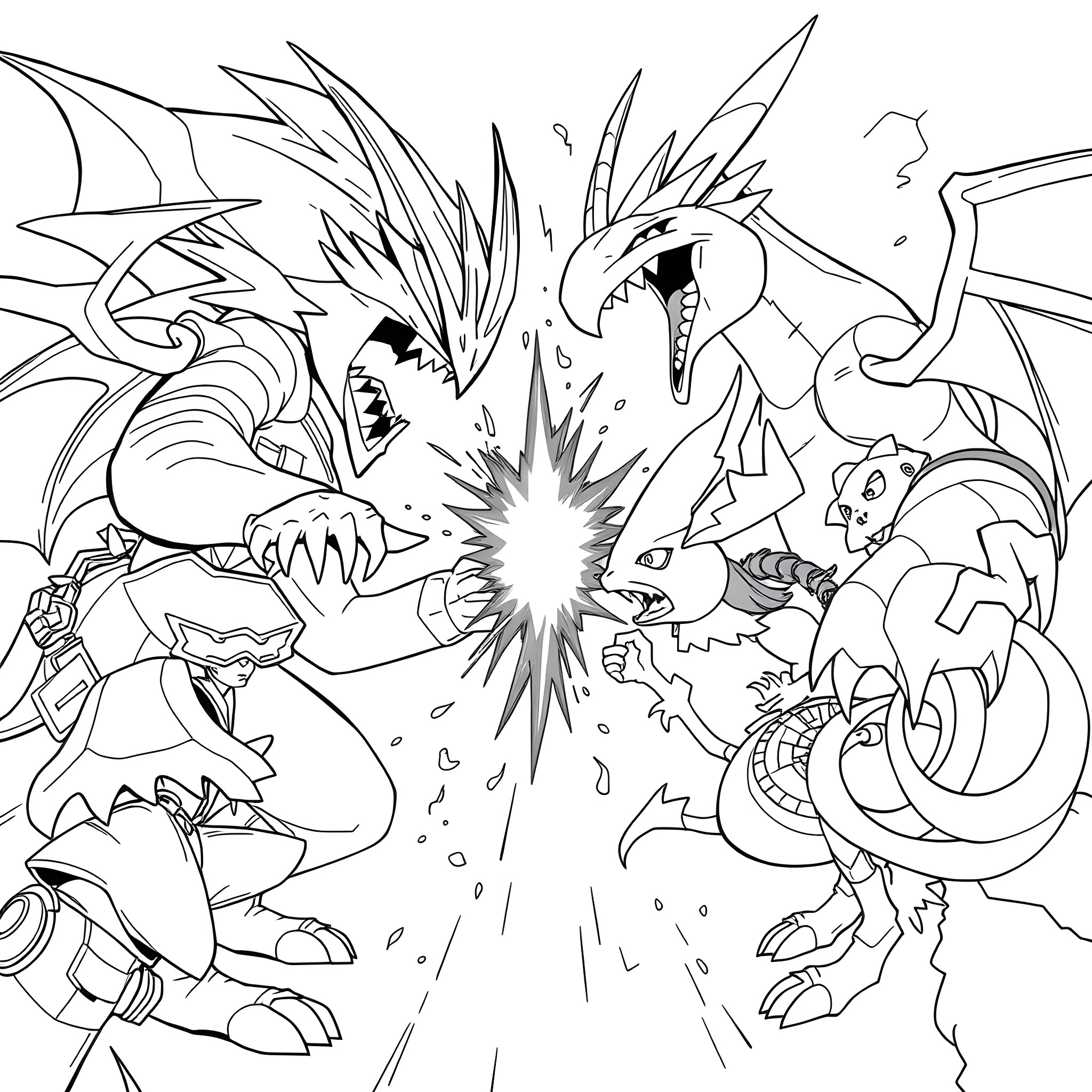 Yu-Gi-Oh Monsters Battling Fiercely Coloring Page (free black-and-white line drawing printable PDF for all, from beginners to advanced learners, including children, teens, adults, and seniors)