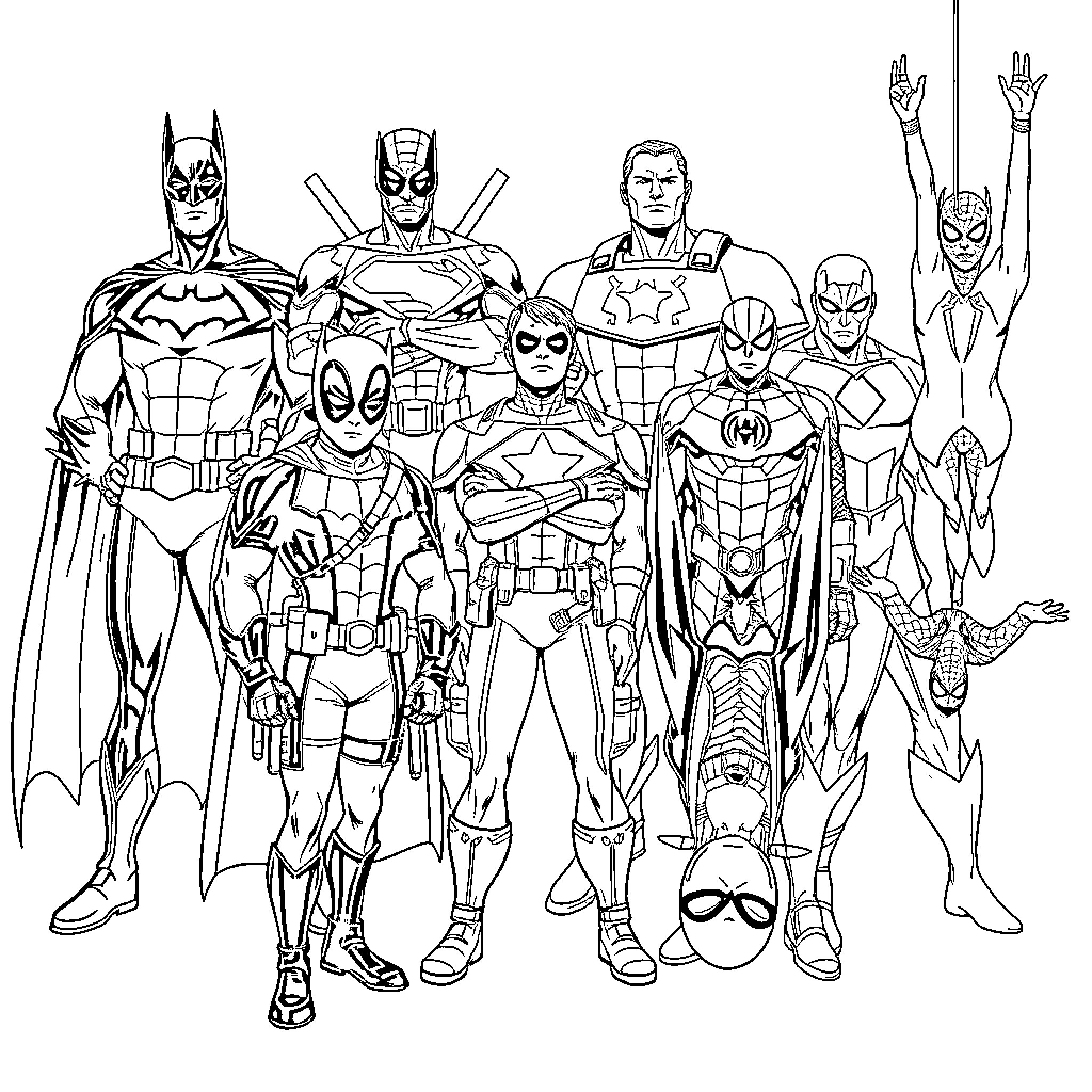 Superhero Gathering: Heroic Poses and Outfits Coloring Page (free black-and-white line drawing printable PDF for all, from beginners to advanced learners, including children, teens, adults, and seniors)