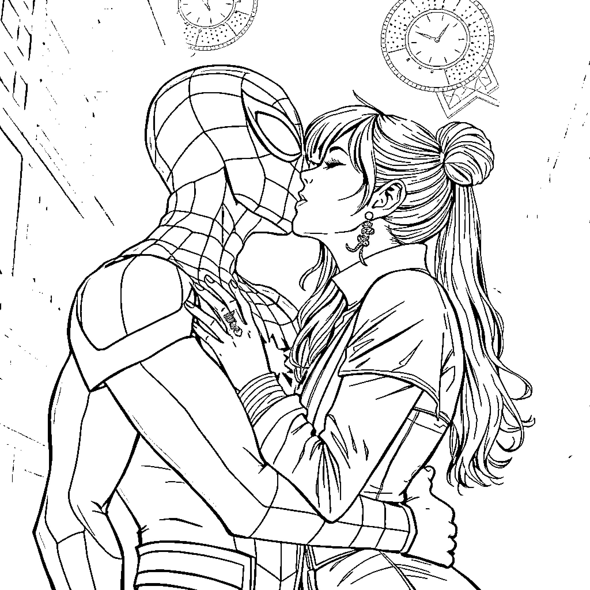 Spiderman embracing a woman affectionately Coloring Page (free black-and-white line drawing printable PDF for all, from beginners to advanced learners, including children, teens, adults, and seniors)