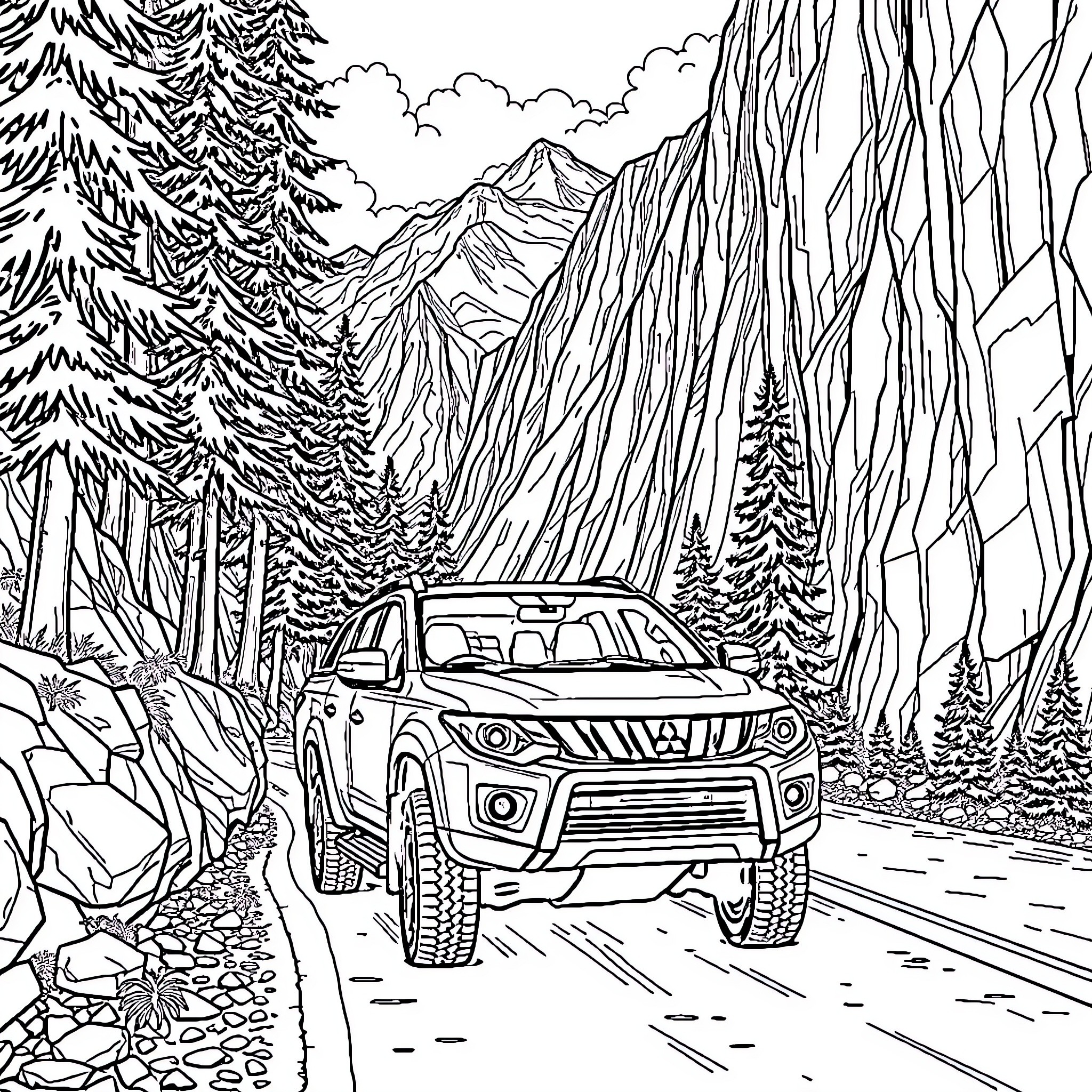 Mitsubishi L200 traversing rugged mountain terrain Coloring Page (free black-and-white line drawing printable PDF for all, from beginners to advanced learners, including children, teens, adults, and seniors)