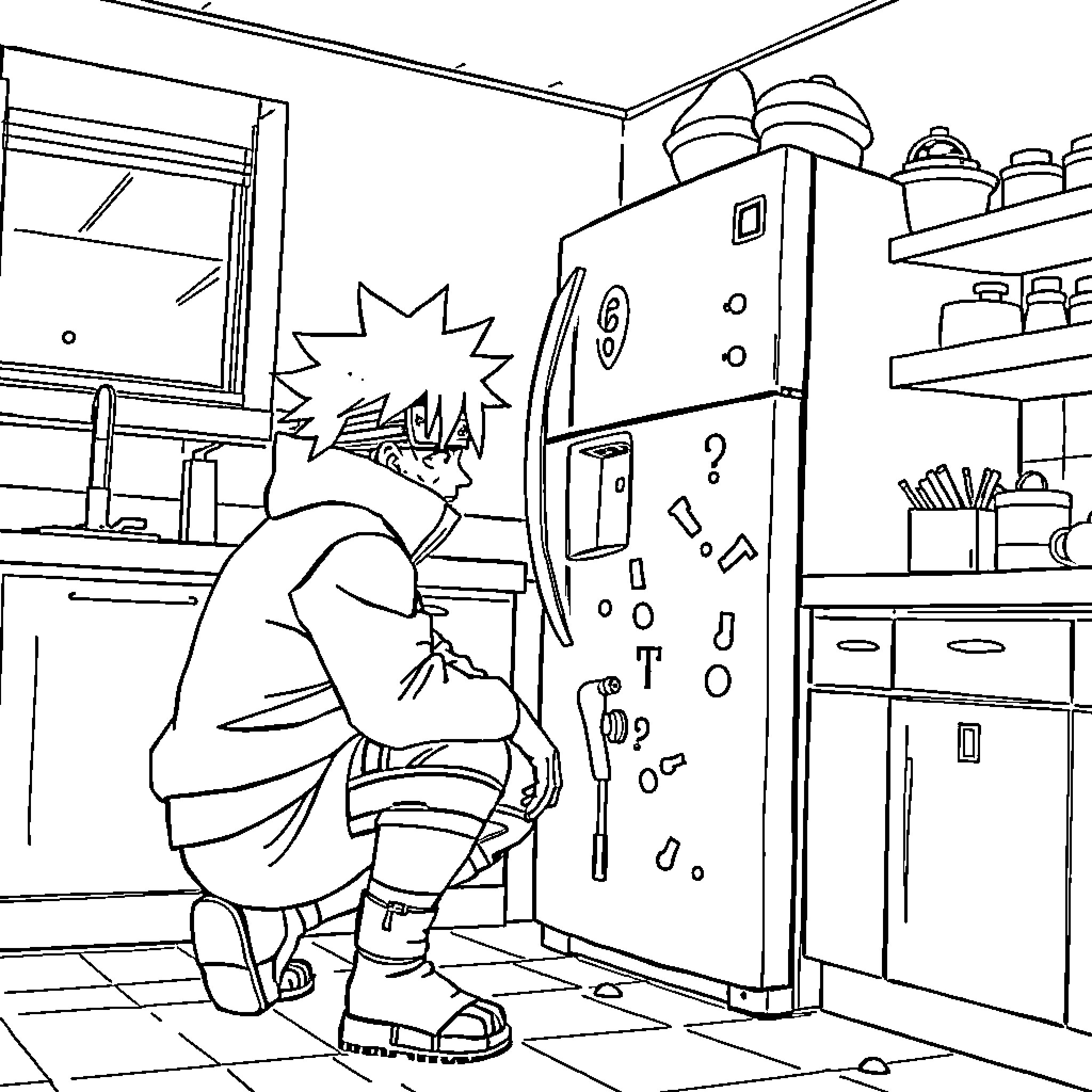 Naruto Opens the Fridge in the Kitchen Coloring Page (free black-and-white line drawing printable PDF for all, from beginners to advanced learners, including children, teens, adults, and seniors)
