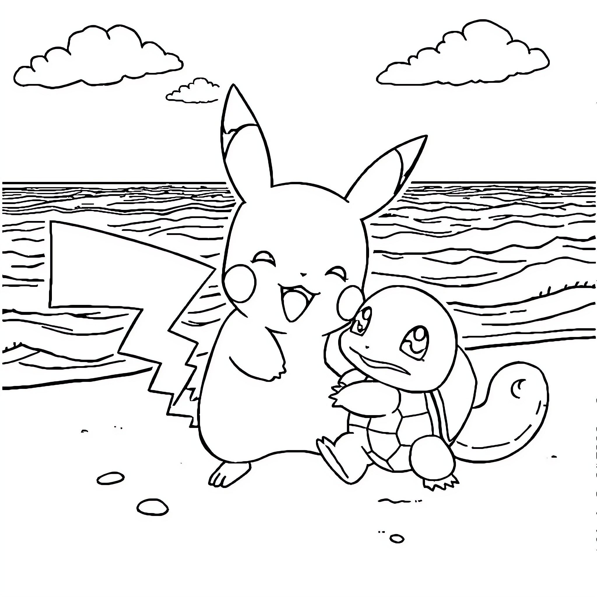 Pikachu playing with Squirtle on the beach Coloring Page (free black-and-white line drawing printable PDF for all, from beginners to advanced learners, including children, teens, adults, and seniors)
