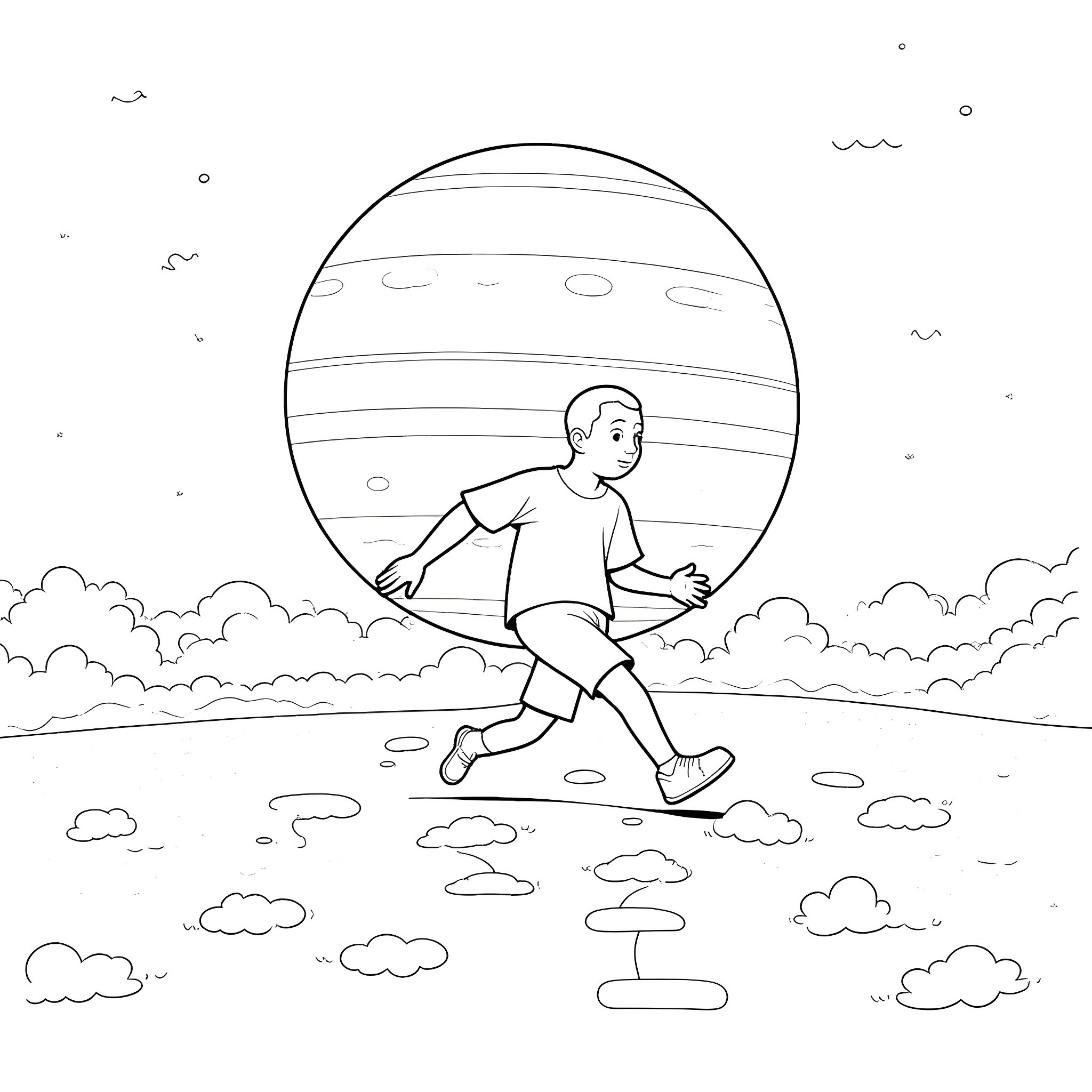 Stretch Armstrong running through the clouds Coloring Page (free black-and-white line drawing printable PDF for all, from beginners to advanced learners, including children, teens, adults, and seniors)