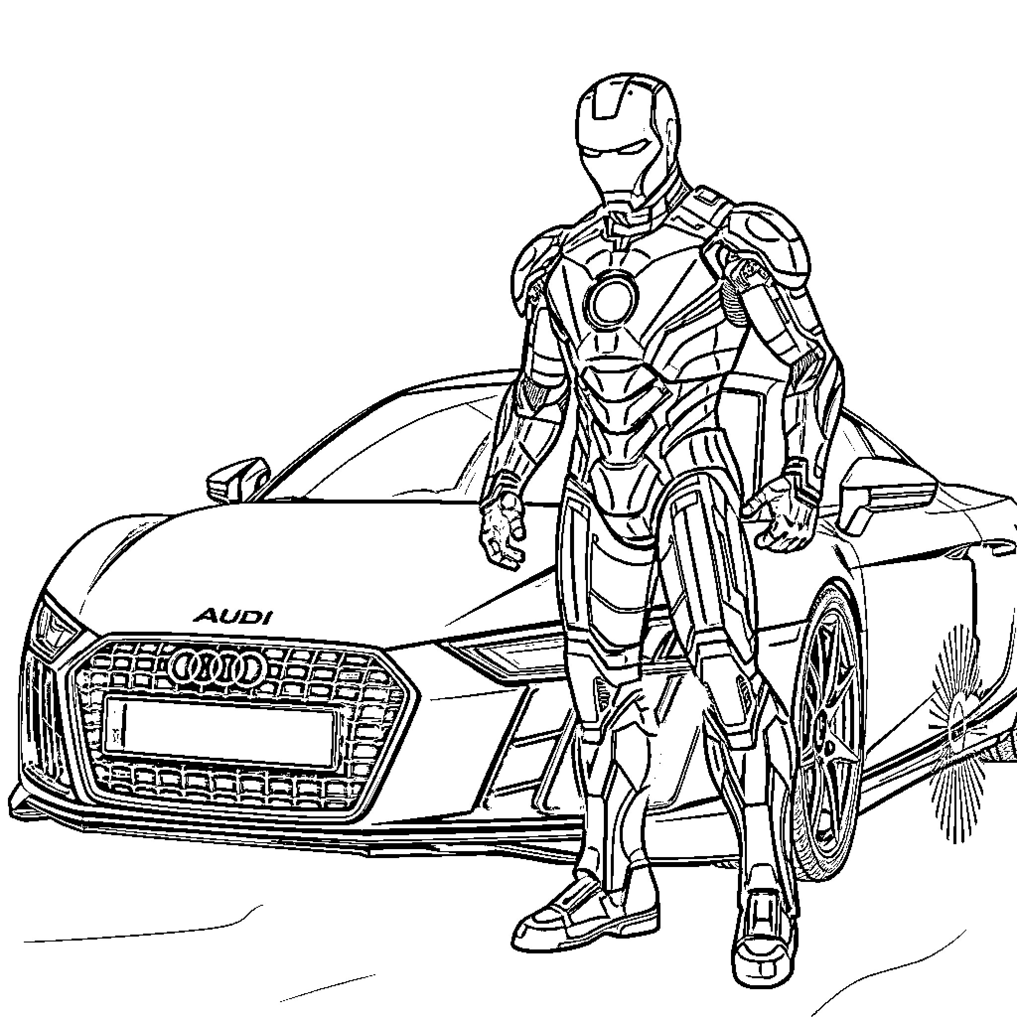 Ironman with advanced armor inspecting luxury sports car Coloring Page (free black-and-white line drawing printable PDF for all, from beginners to advanced learners, including children, teens, adults, and seniors)
