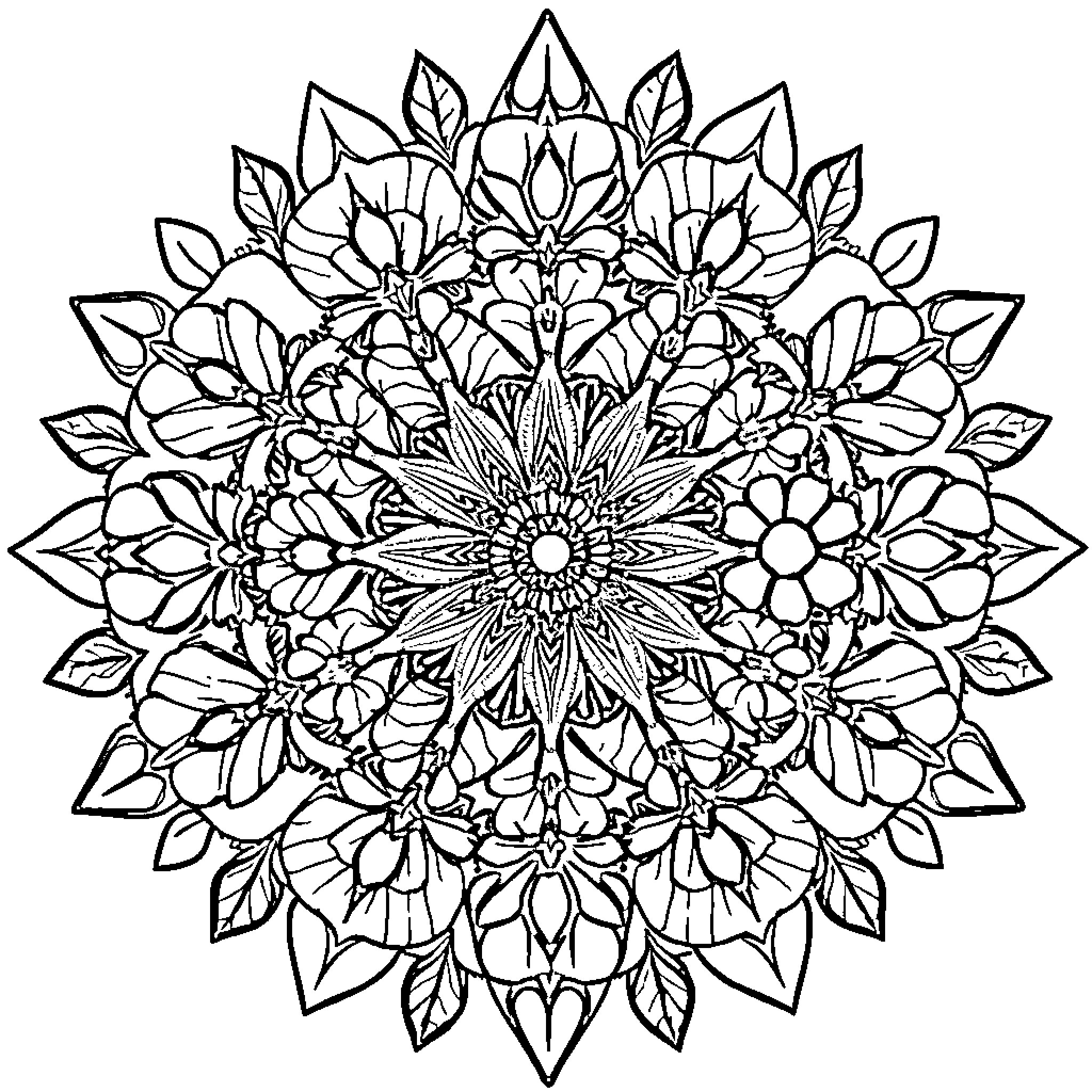 Mandalas of intricate floral patterns Coloring Page (free black-and-white line drawing printable PDF for all, from beginners to advanced learners, including children, teens, adults, and seniors)