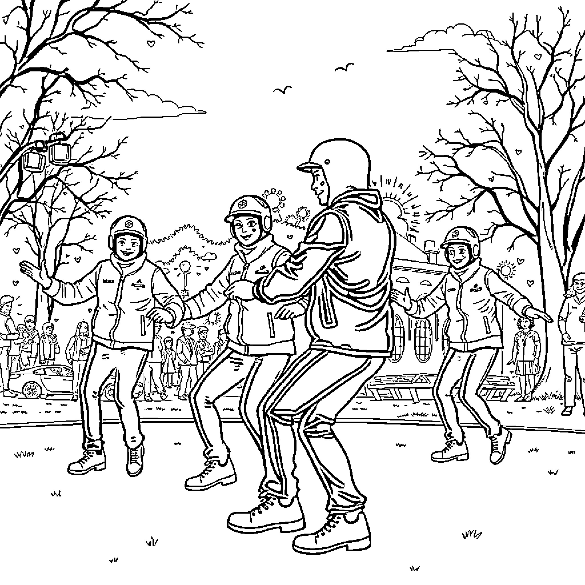 Ice Agents Assisting Citizens in Wintry Landscape Coloring Page (free black-and-white line drawing printable PDF for all, from beginners to advanced learners, including children, teens, adults, and seniors)