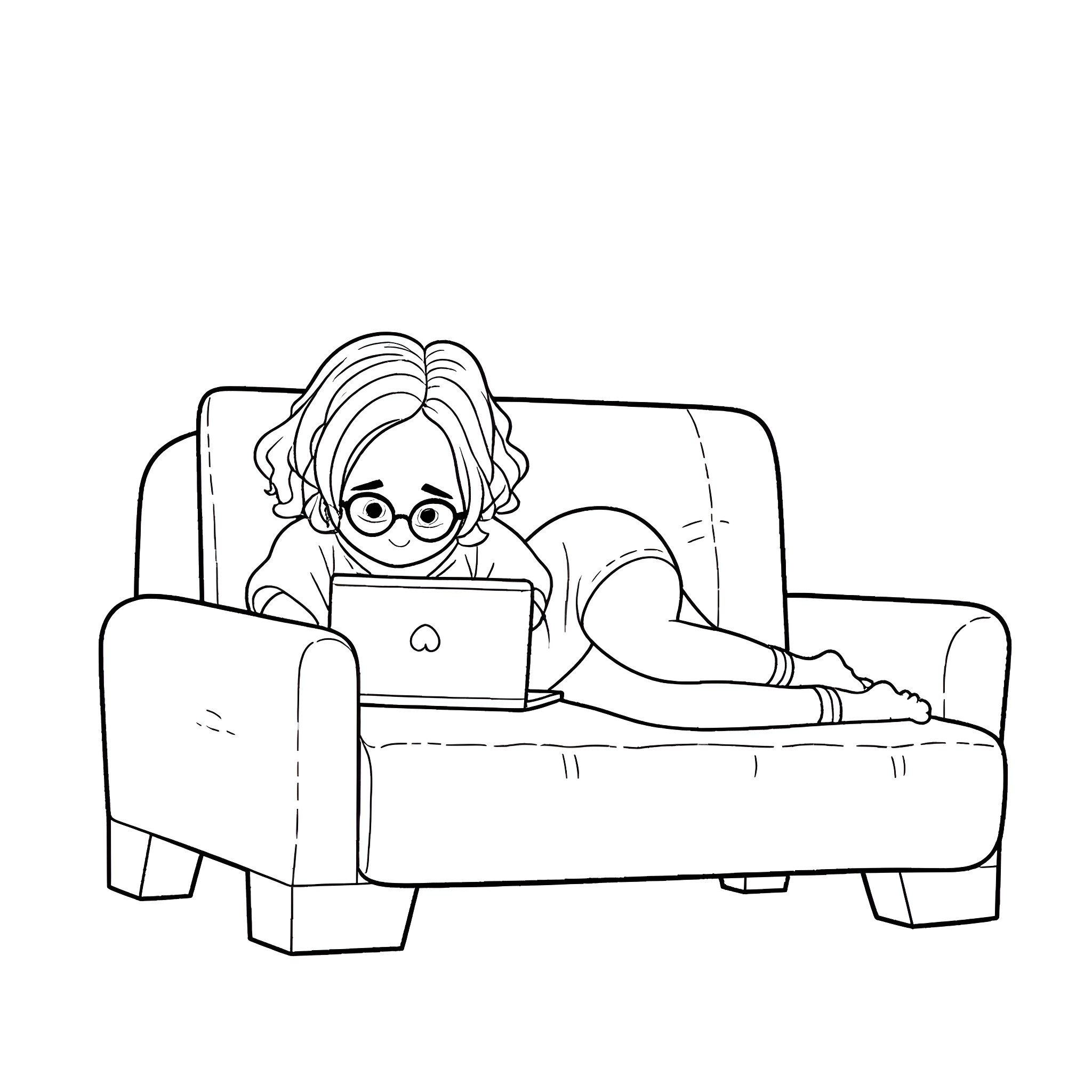 Teen Girl Using Laptop Intently on Couch Coloring Page (free black-and-white line drawing printable PDF for all, from beginners to advanced learners, including children, teens, adults, and seniors)