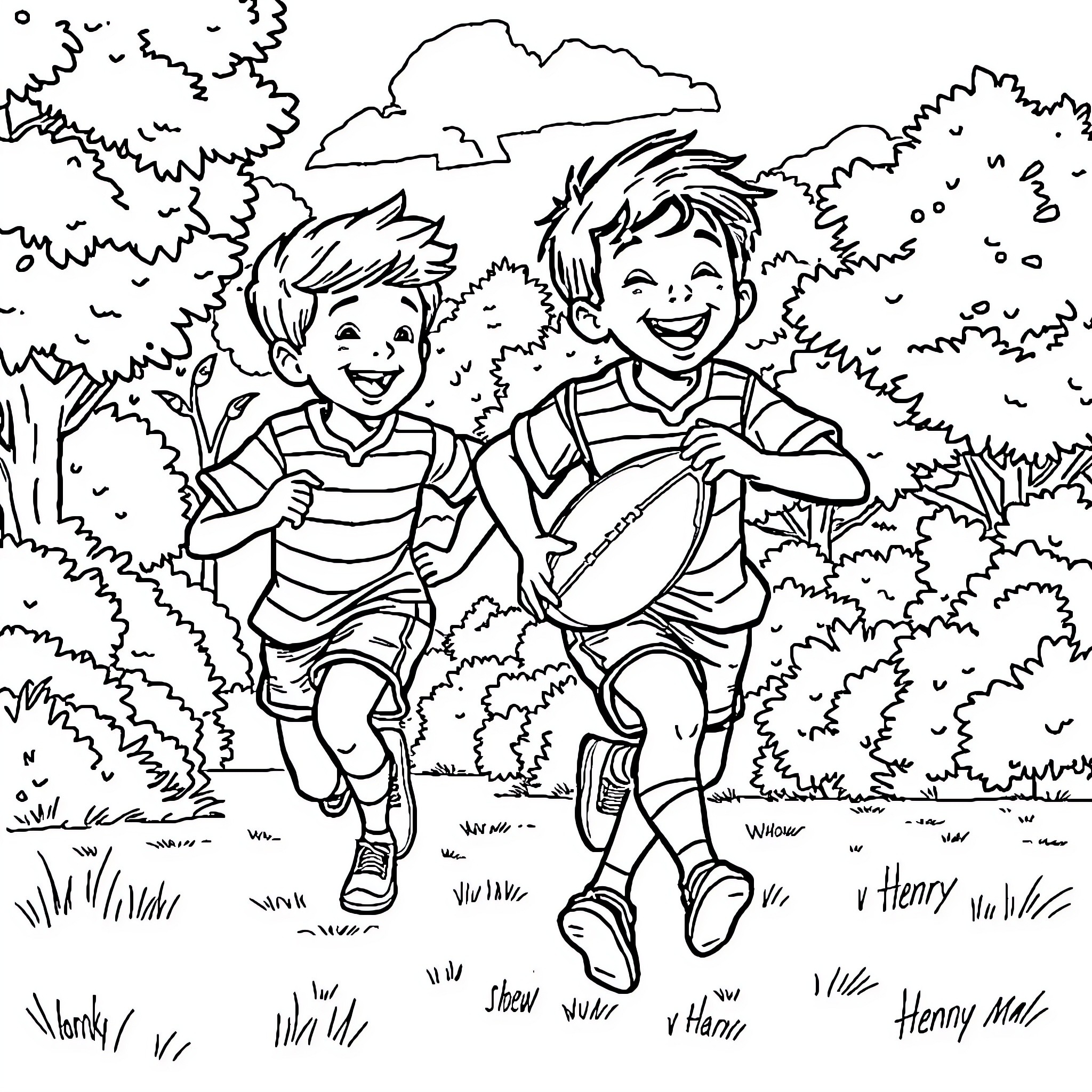 Boy Enjoying Outdoor Adventure with Friend Coloring Page (free black-and-white line drawing printable PDF for all, from beginners to advanced learners, including children, teens, adults, and seniors)