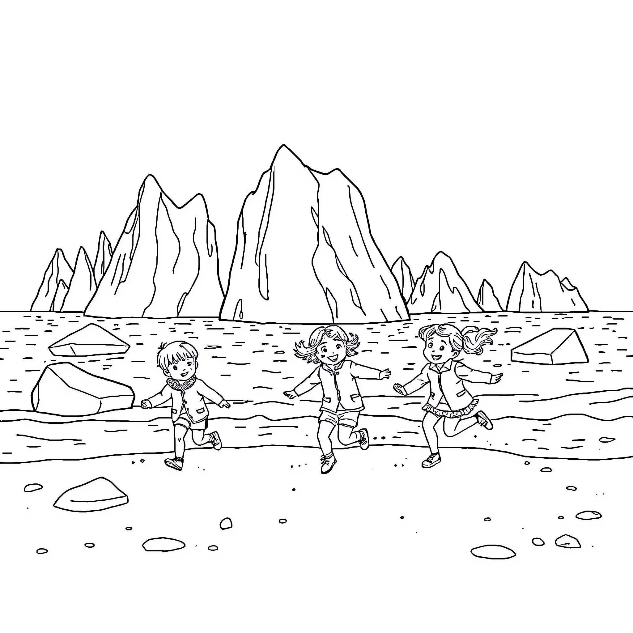 Kid Playing on Rocky Beach with Friends Coloring Page (free black-and-white line drawing printable PDF for all, from beginners to advanced learners, including children, teens, adults, and seniors)