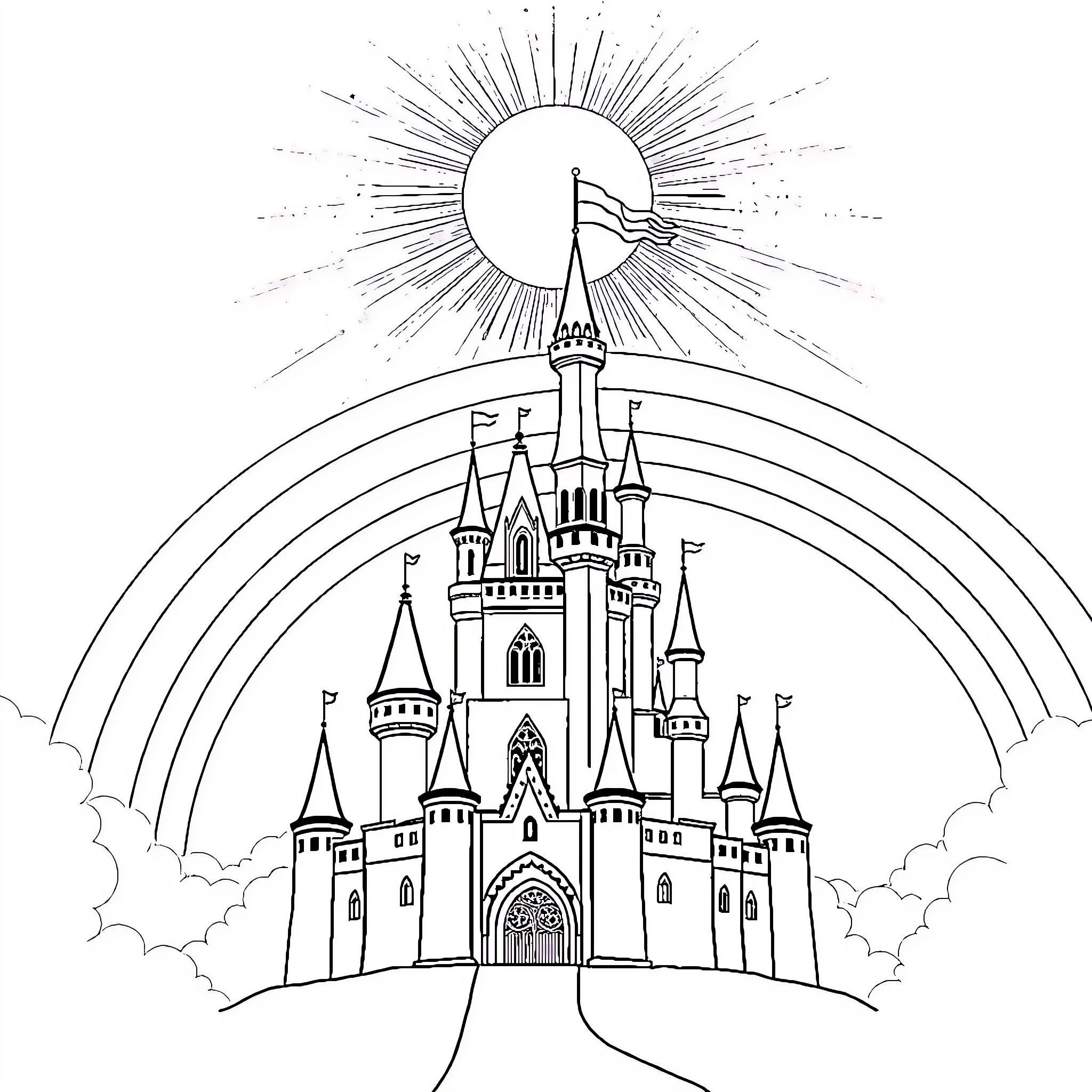 Castle in the Clouds with Shining Sun Coloring Page (free black-and-white line drawing printable PDF for all, from beginners to advanced learners, including children, teens, adults, and seniors)