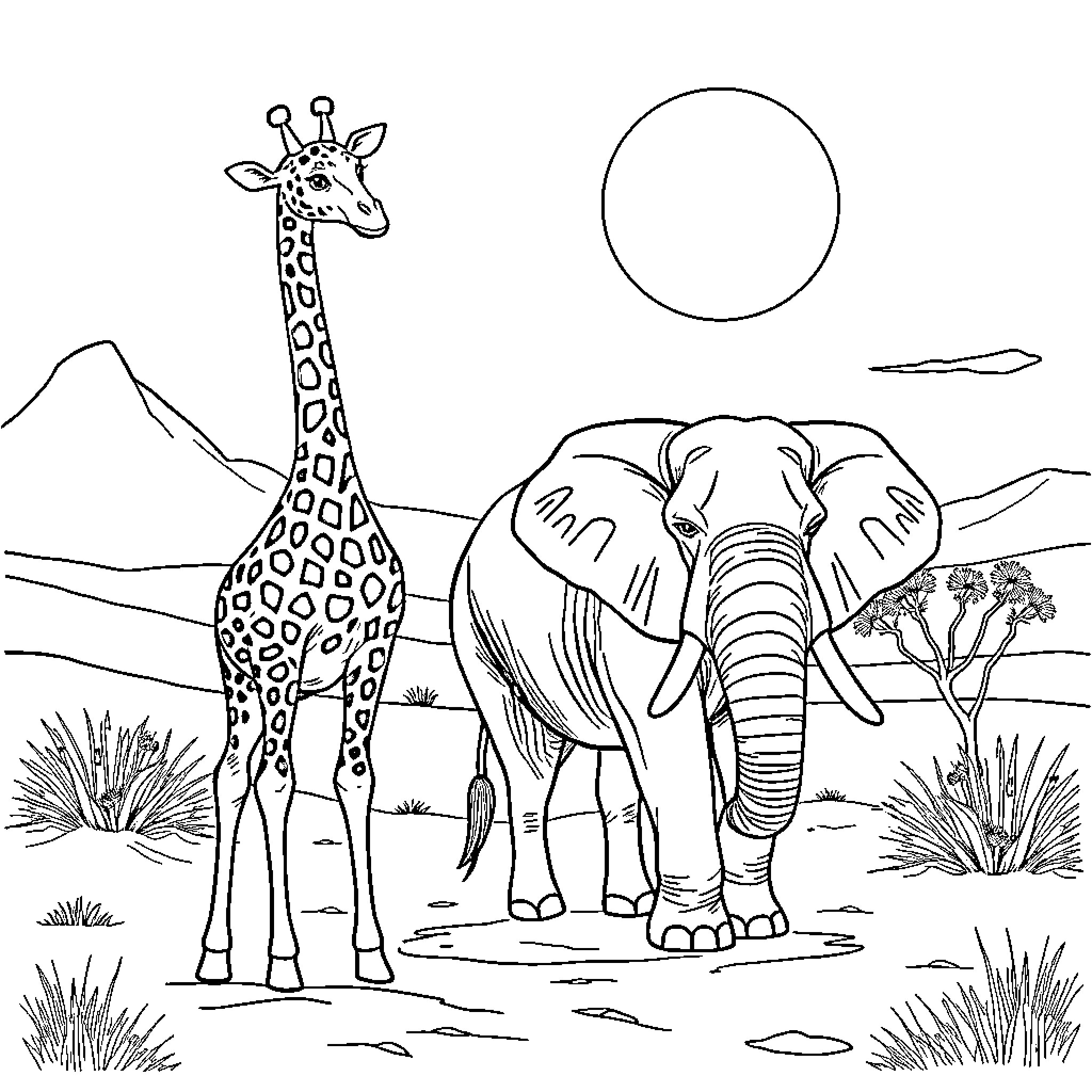 Giraffe and Elephant in African Landscape Coloring Page (free black-and-white line drawing printable PDF for all, from beginners to advanced learners, including children, teens, adults, and seniors)