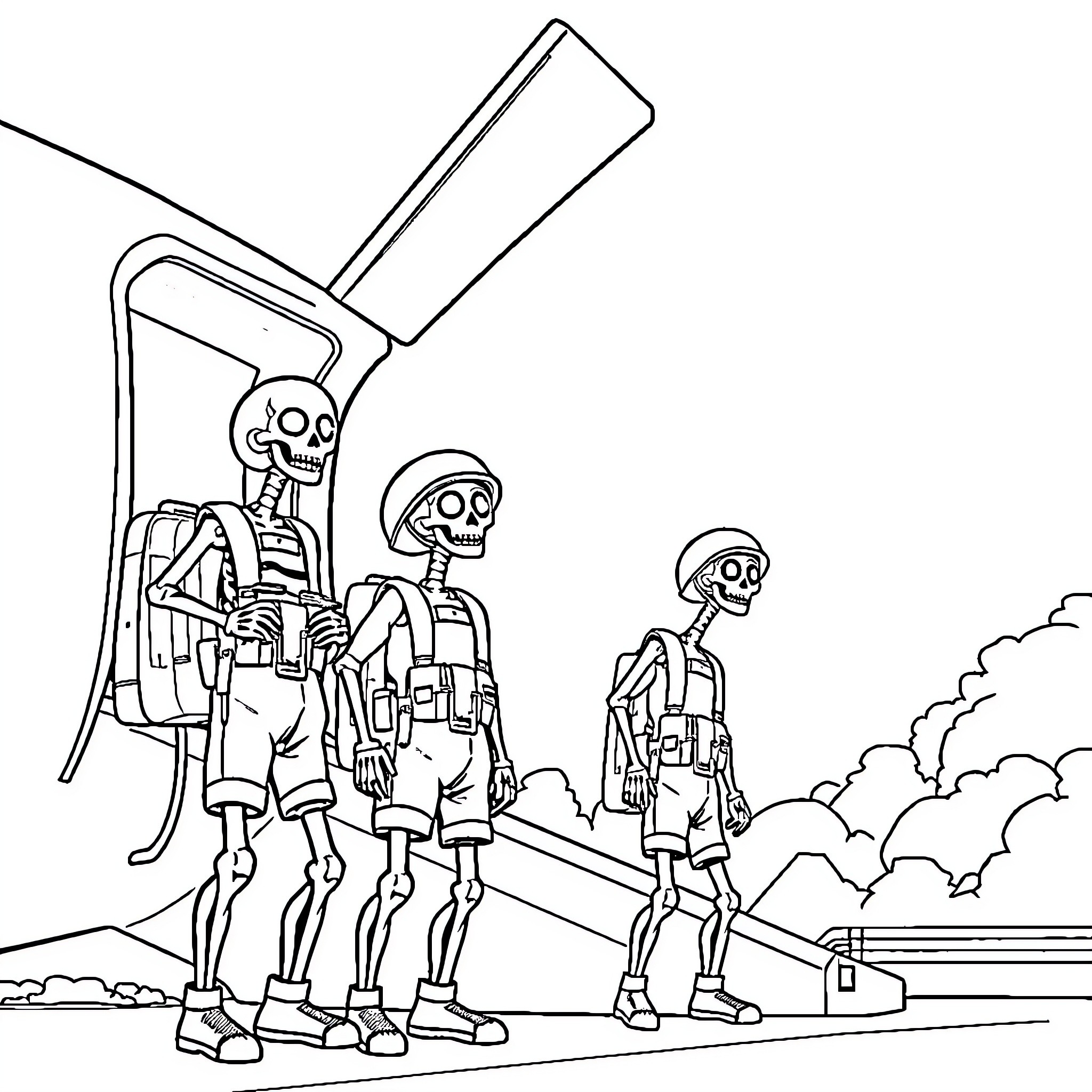 Skeleton soldiers marching with artillery in the clouds Coloring Page (free black-and-white line drawing printable PDF for all, from beginners to advanced learners, including children, teens, adults, and seniors)