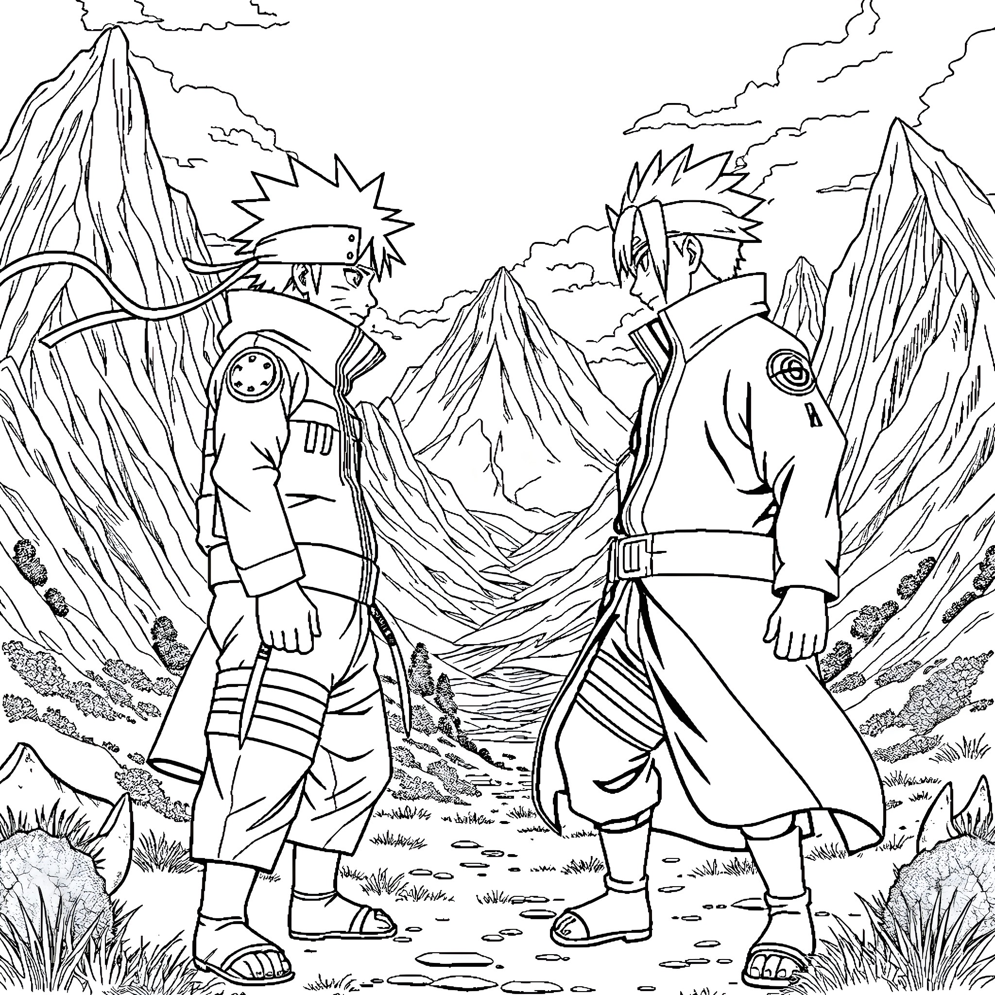 Naruto characters in a mountainous landscape Coloring Page (free black-and-white line drawing printable PDF for all, from beginners to advanced learners, including children, teens, adults, and seniors)