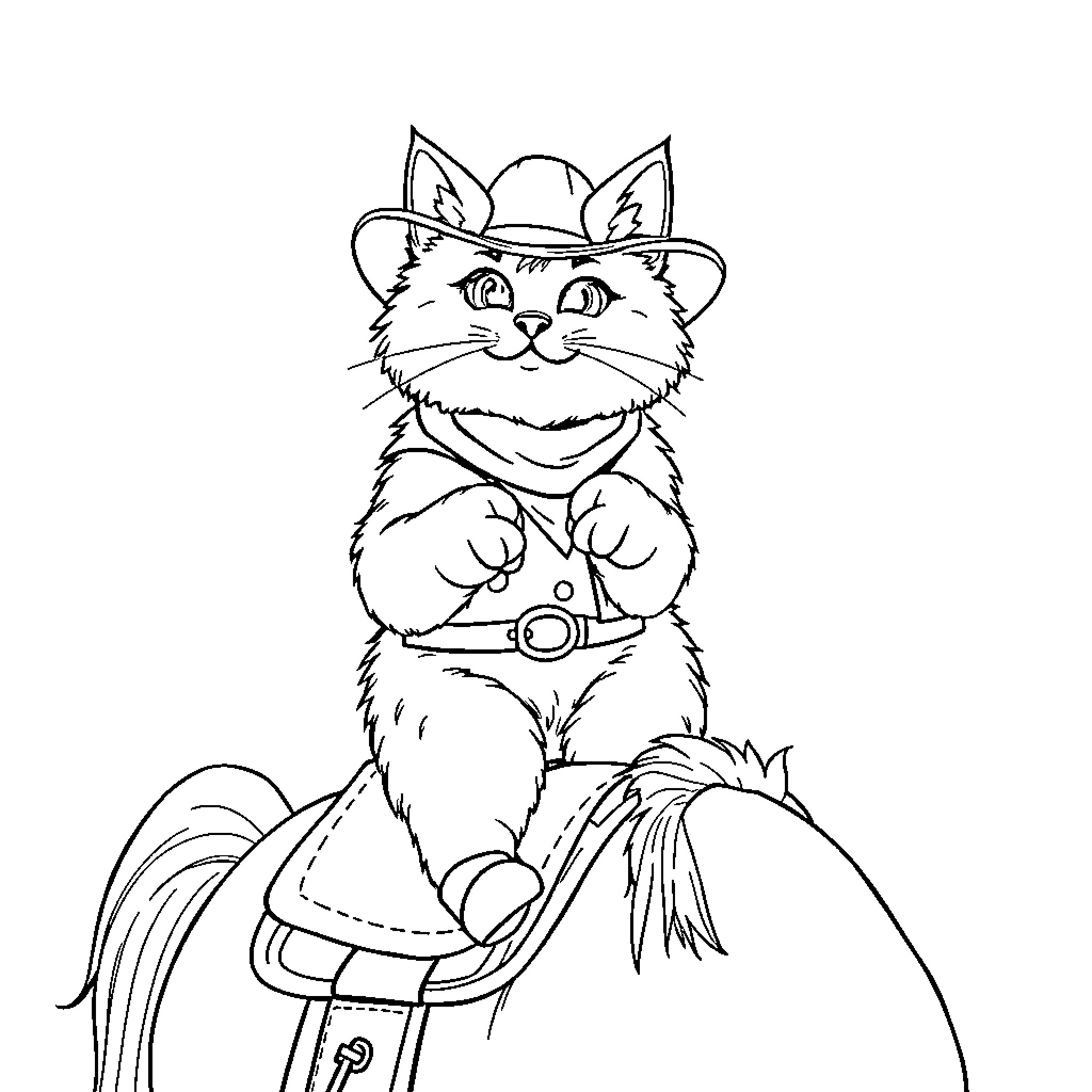 Cat dressed as cowboy with saddle Coloring Page (free black-and-white line drawing printable PDF for all, from beginners to advanced learners, including children, teens, adults, and seniors)