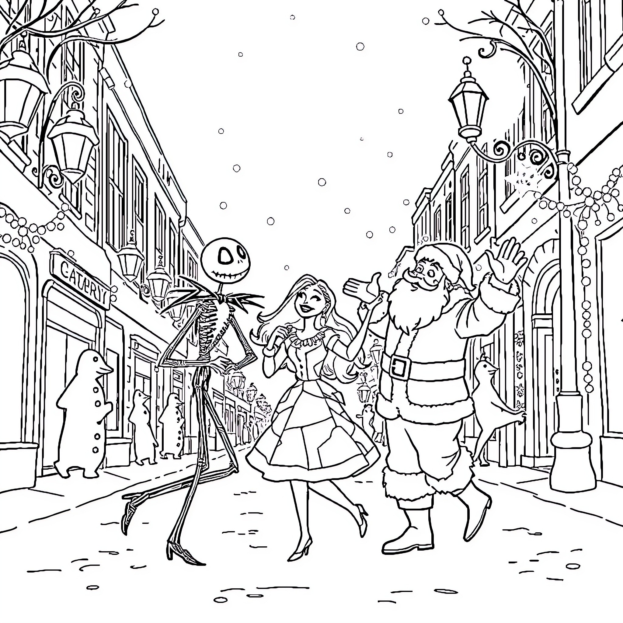 Jack Skellington explores the Christmas town with friends Coloring Page (free black-and-white line drawing printable PDF for all, from beginners to advanced learners, including children, teens, adults, and seniors)